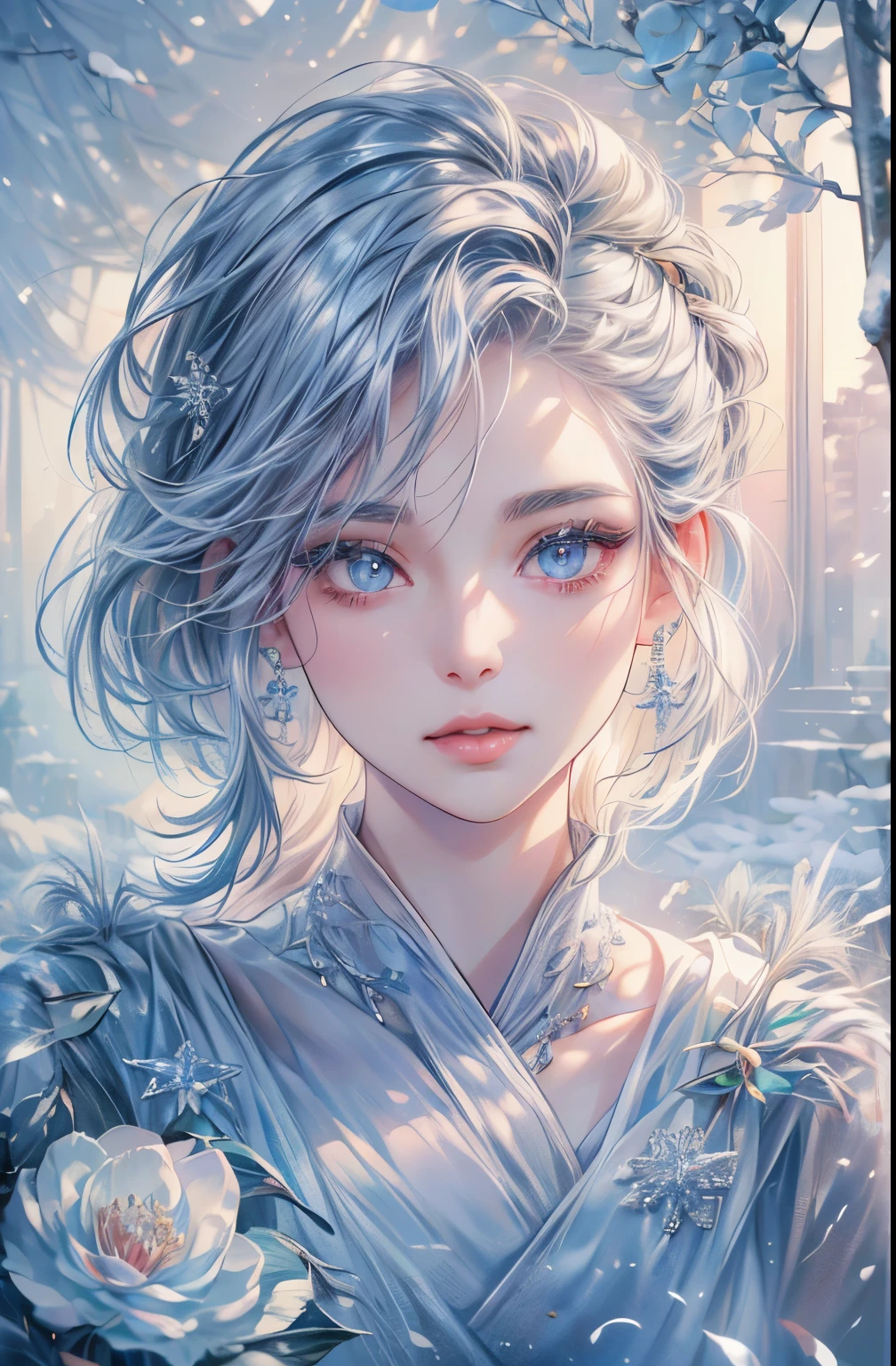 (beautiful detailed eyes:1.1,beautiful detailed lips:1.1,extremely detailed eyes and face,longeyelashes),(oil painting,3D rendering),(winter garden,snow-covered trees),(best quality,highres),(icy/cold expression),(glowing hair,subtle highlights),vivid colors,studio lighting