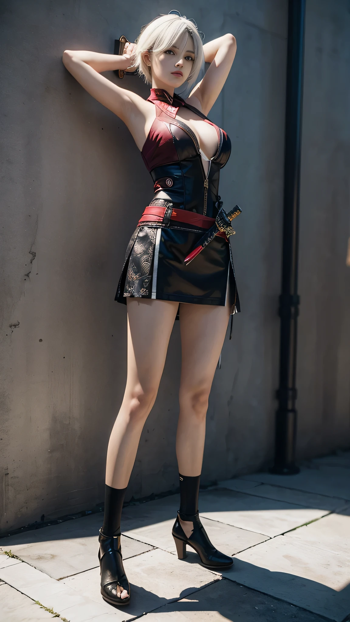 A woman kneeling on one knee with a sword in her hand, very beautiful cyberpunk samurai, she is holding a katana sword, pulling the katana out of its sheath, she is holding a sword, the back column is decorated Korean style elaborate decoration, realistic 3D anime style, fantasy anime artwork, cgsociety 9, 2.5D cgi anime fantasy artwork, realistic 3 d anime.pose beautiful.redAssassin.Standing and sitting position with hands on knees, Carrying sword on shoulder.talogic.(Standing with arms crossed in front of chest, back against wall).poslolita.white hair.