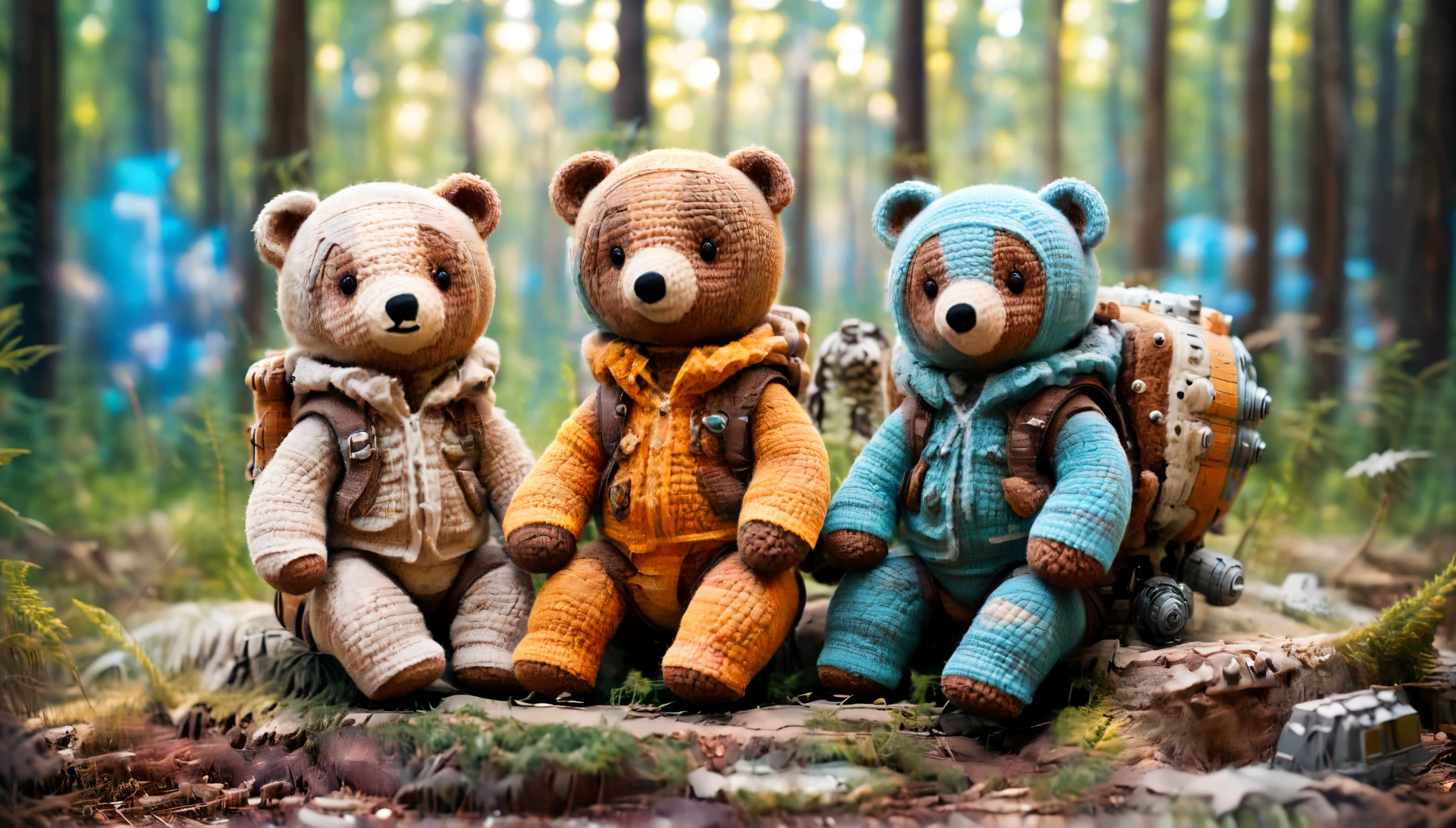 fashion editorial style, cute two bears sitting and looking at each other, spaceship in the background , complex parts, textured, A high resolution, Beautiful, top quality, masterpiece, very detailed