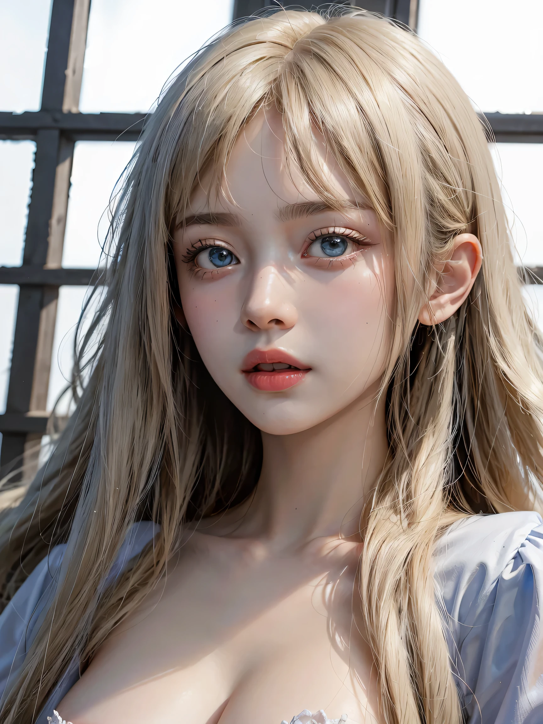 (8K, Raw photo, highest quality, masterpiece), ultra high resolution, 1 girl、portrait、、blue sky、bright and beautiful face、young, white and shining skin、best looks、blonde hair reflecting light、Beautiful platinum blonde super long silky straight hair gloss、long bangs、very beautiful 17 year old、Big eyes that shine in clear light blue、beautiful lovely beautiful girl, big breasts, ((erect nipples)), thin waist