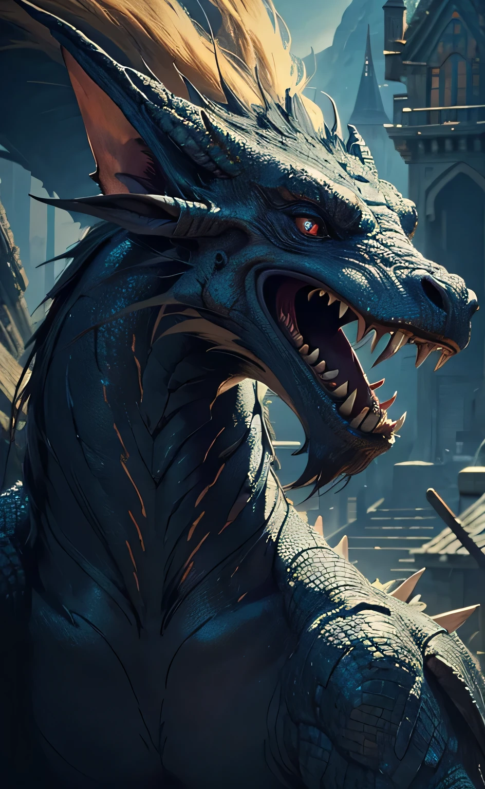 (closer) stunning monster dragon head, dynamic, elegantly, ancient castle, vintage fairy tale, cinematic lighting, unreal engine, trending on ArtStation, intricate details, masterpiece, best quality, by Irakli Nadar, Greg Rutkowski，(((best quality))),(((ultra detailed))),(((masterpiece)))