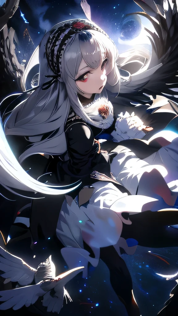 long silver hair、Jet-black wings、Background is Moon、fly in the sky、black headdress、Gothic ****ta