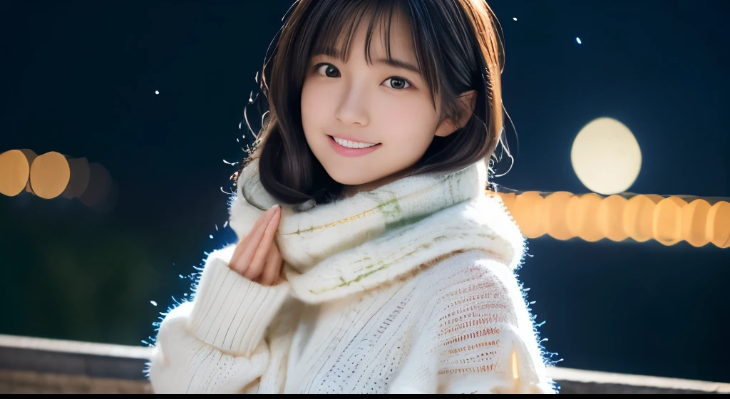 1 girl, 18-year-old、Gravure model for Japan, (cute, beautiful girl,profile:1.2),profile 1.1、Moderately large,  𝓡𝓸𝓶𝓪𝓷𝓽𝓲𝓬, (Please look up at the big Christmas tree in the night sky and pray....:1.5)、(A night town with beautiful Christmas illuminations:1.4), (fluffy white wool sweater:1.ink scarf:1.2), (Green Check Pleated Skirt),　beautiful christmas city background、   black haired、pray、laughter、 highest quality, High resolution, fine skin, detailed face and eyes, high resolution, Natural light, perfect anatomy, Physically based rendering, realistic, symmetrical clear eyes, well-groomed face,teenage girl, perfect figure, Transparency, Gravure idol pose,