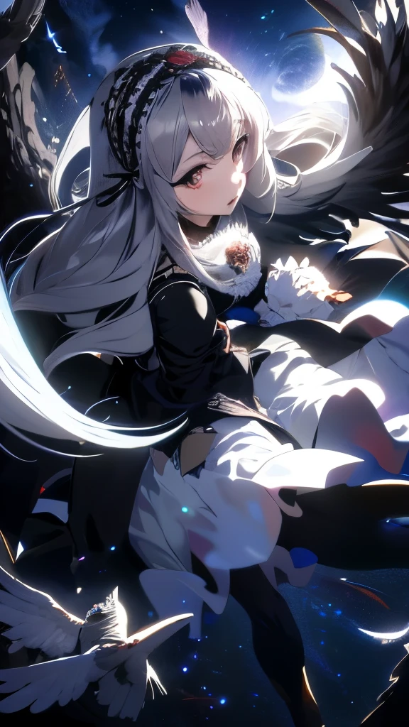 silver long hair、Jet-black wings、The background is the moon、flying in the sky、black headdress、Gothic ****ta