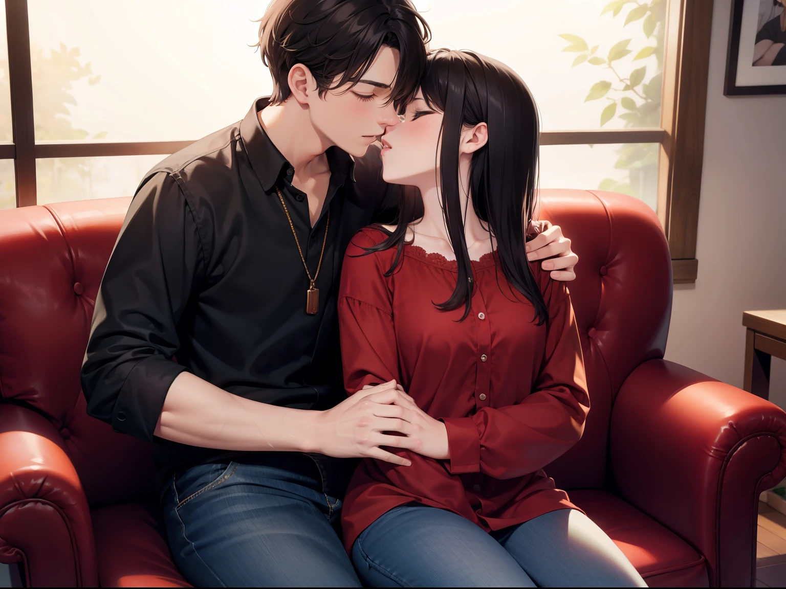 Young sexy girl wearing a red dress sitting on lap of young boy wearing a red and black flannel shirt and jeans who is sitting on a chair, kissing, making out, passionately, dim lighting, sexy, hot, lustful