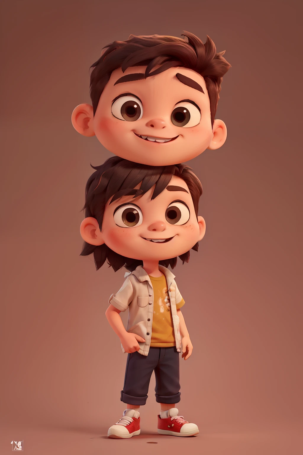 Personagem estilo chibbi, cartoon, cabelo ruivo, olhos de cor preta, 12 anos, kind, fazendeiro, without hat, cartoon, sorrindo, male