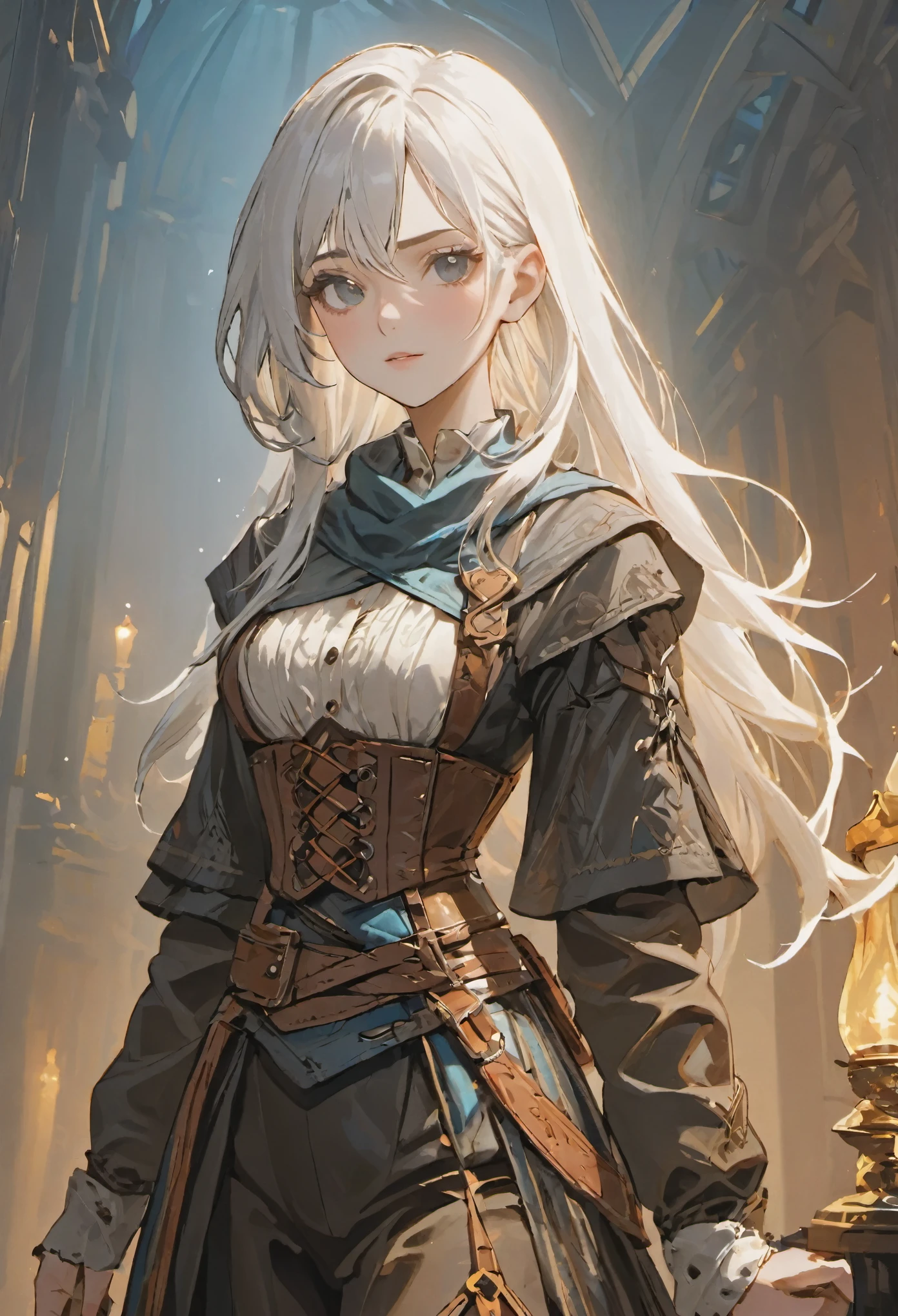 (white hair), white hair 1:4, multicolor patterned clothing 1:5, colorful clothing, female adventurer, game art style, (masterpiece 1:5),  colorful clothing 1:5, scarves, leather belts, half skirt over pants and boots, flowing blouse and leather corset, best quality, highres, 4k, 8k, Detailed Illustration, intricate detail, cinematic lighting, amazing quality, 1girl, fit female, amazing shading, soft lighting, facing camera, perfect eyes