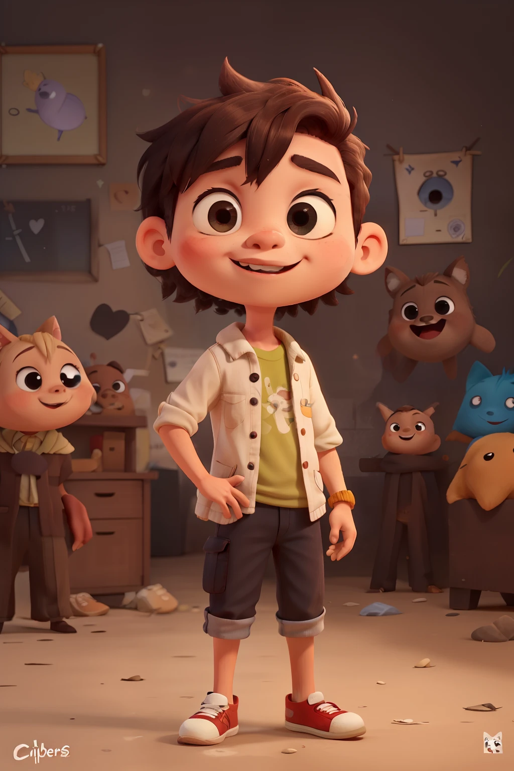 Personagem estilo chibbi, cabelo ruivo, olhos de cor preta, 12 anos, kind, fazendeiro, without hat, cartoon, sorrindo, male

