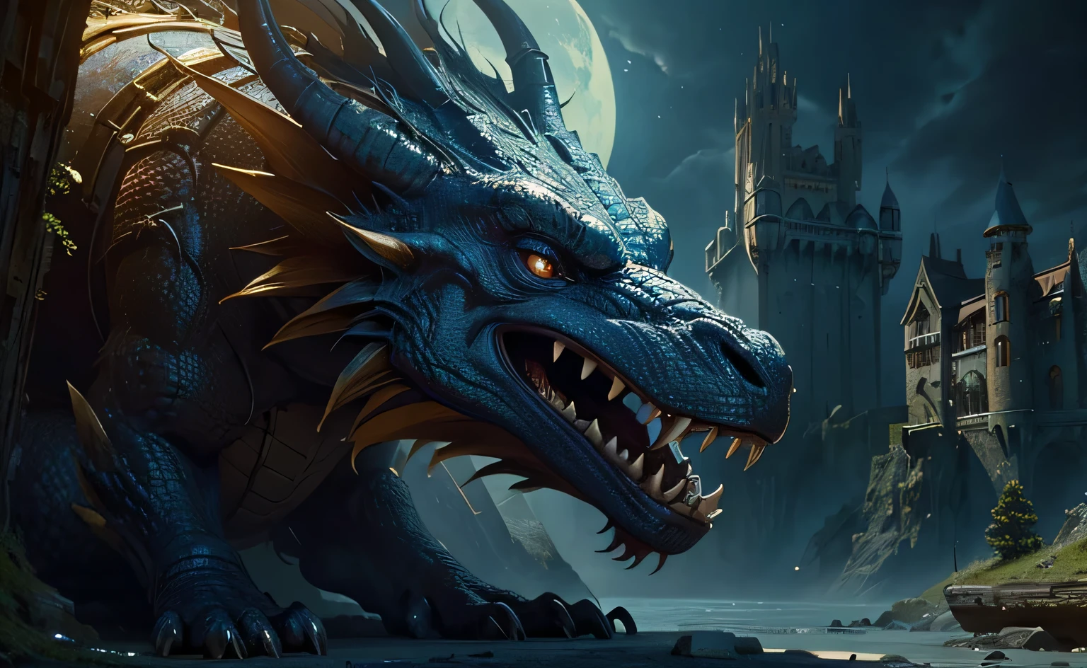 (closer) stunning monster dragon head, dynamic, elegantly, ancient castle, vintage fairy tale, cinematic lighting, unreal engine, trending on ArtStation, intricate details, masterpiece, best quality, by Irakli Nadar, Greg Rutkowski，(((best quality))),(((ultra detailed))),(((masterpiece)))