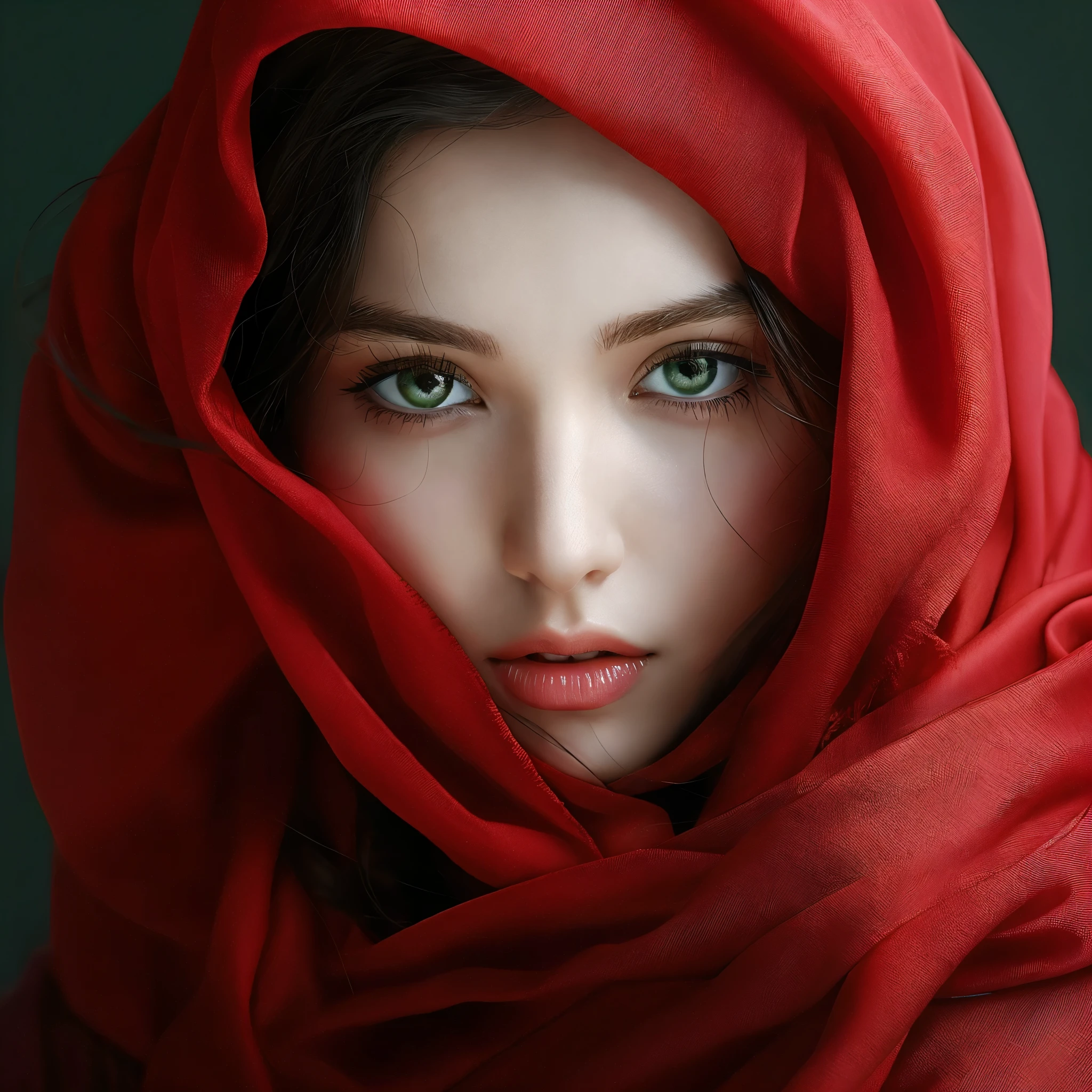 Allard woman in red scarf and green eyes looking at camera, Portrait photo of a beautiful, Red scarf, dressed in a beautiful red cloak, Soft portrait shot 8 K, portrait shooting, color photograph portrait 4k, beautiful portrait image, a close up portrait photo, close up portrait shot, very beautiful portrait, photo of a beautiful woman, Photographic portrait 4 k, close up portrait shot