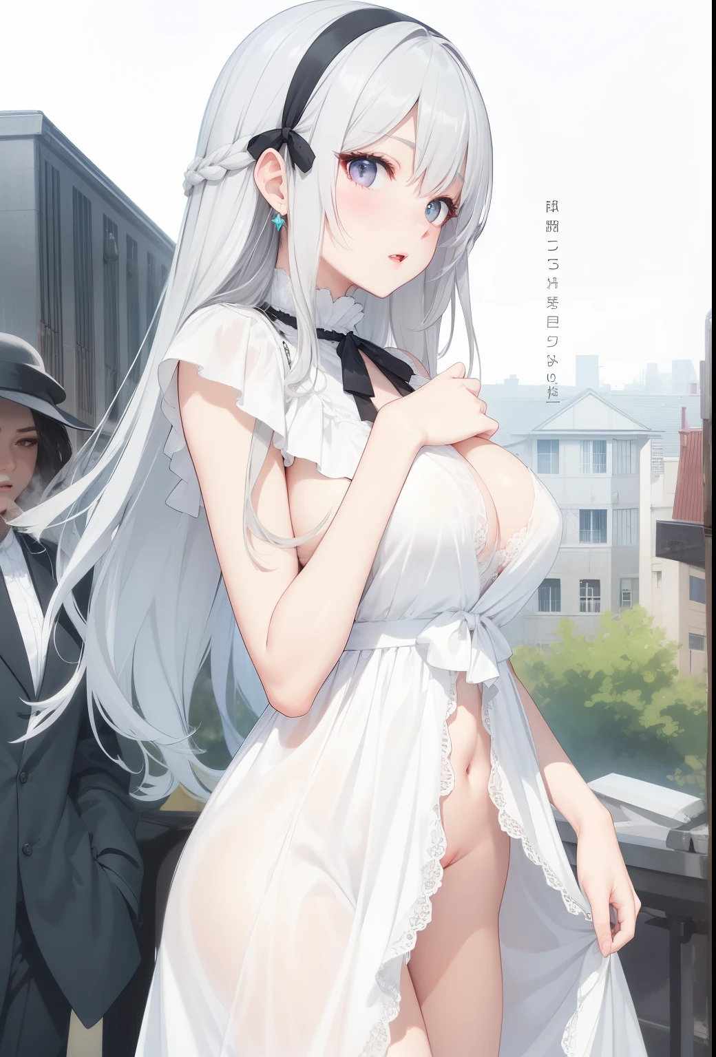 big breasts:1.5、、highest quality、very detailed、Very realistic eye masterpiece、highest quality、very detailed、gray hair、perfect face、long hair、white dress、sundress、nsfw、