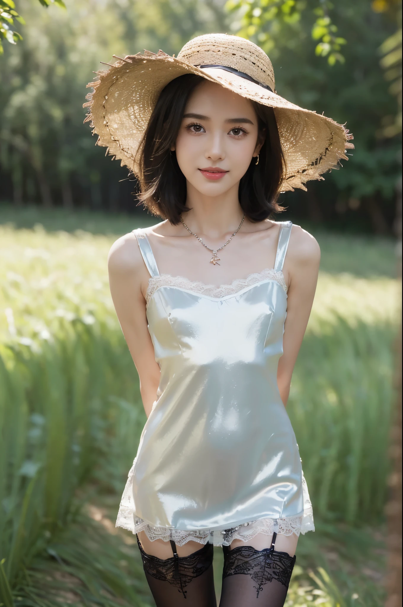 ((((8k))),((Extremely meticulous CG)) ,(wallpaper),16k,((Extremely refined and beautiful)),(((Masterpiece))),(((best qualtiy))),(((Ultra High Resolution))),beautiful light up,Perfect lightning,realistic shaded,((high resolution)),(Smooth and flawless skin:1.5),(dark-skinned:1.3),(Extremely exquisite facial details:1.2),(perfect body:1.1),(ultra-detailed),((A beautiful negro girl,solo)),(small head:1.2),(straw hat:1.3),(shoulder-length straight bob hair:1.2),(black hair:1.2),(small face:1.2),(:1.3),(Exquisite makeup:1.2),(earrings:1.2),(necklace:1.2),(small breasts:1.2),(flat chests:1.5),((slim,thin)),(laughing:1.2),(happy:1.2),(lace pajama dress:1.5),(slender legs:1.2),(shiny stockings:1.5),(sneakers:1.2),(day scene:1.3),(bright sunshine:1.3),(outdoor:1.2),(early spring:1.3),(On the grassland:1.3),(detailed background:1.5),(standing:1.3),(arms behind back:1.3),(upper body:1.2),(from front:1.2),