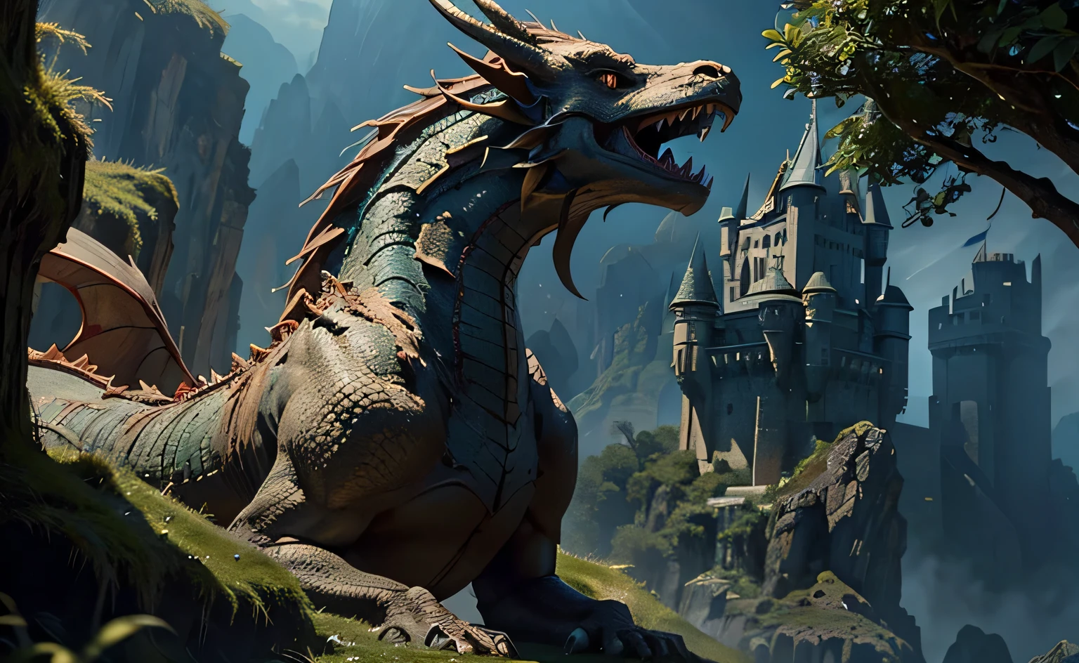 (closer) stunning monster dragon head, dynamic angles, multiple angles, elegantly, ancient castle, vintage fairy tale, cinematic lighting, unreal engine, trending on ArtStation, intricate details, masterpiece, best quality, by Irakli Nadar, Greg Rutkowski，(((best quality))),(((ultra detailed))),(((masterpiece)))