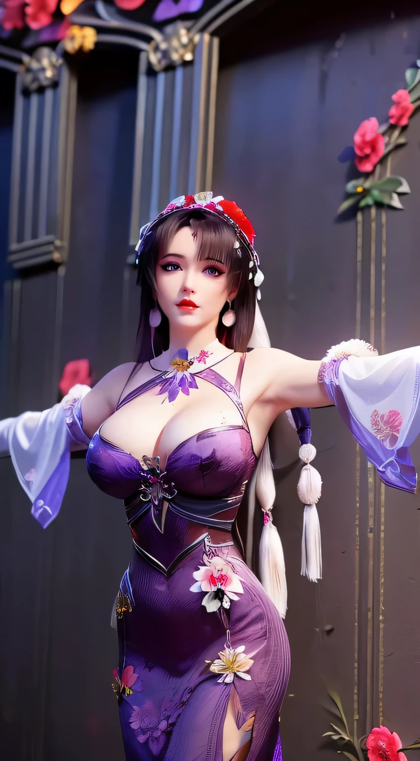 1 Beautiful and sexy 20 year old girl, ((Wearing a purple ultra-thin dress:1.8)), diamond dress, ((platinum long hair:1.6)), Bangs, Jewelry crafted from gemstones and fair hair, ((Wearing a black lace necklace:1.4))), noble, The noble temperament of a very fair girl, Her little face is so cute, her face is fair, thin eyebrows, flawless fair face, ((dark circles pupils: 0.8)), very fair eyes, ((purple eyes: 1.5)), Beautiful makeup and hair,Delicate eyelashes, steam eye makeup, high nose, earrings, red lips, ((shut your mouth: 1;5 )) fair lips, slender hands, The most fair thighs, ((Spread arms to both sides: 1.5) ), rosy face, clean face, flawless fair face, 皮肤Light滑白皙, (big breasts: 1.5)), ((high chest: 1.6) ), Strong breasts, fair cleavage, (((big breasts and super round: 1.8))), ((super Strong breasts: 1.7)) , fair , back arm, puff out your chest, Fine black mesh with black lace trim, 8k photos, super high quality, surreal, Super 10x pixels, Light学的, bright studio, bright edge, dual-tone Light, (High detail skin:1.2), Ultra 8K, soft Light, high quality, volumetric Light, lifelike, lifelike high resolution, Light, best photos, 4K, 8K quality, Blur effect, Light滑锐利, 10×pixels, ((Red flowers background:1.7)), 极Light, Lightning, 超级lifelike图形, The most realistic graphics, alone, alone, The image is extremely clear, surreal, The girl's upper body, (((frontal portrait: 1.2)))."
