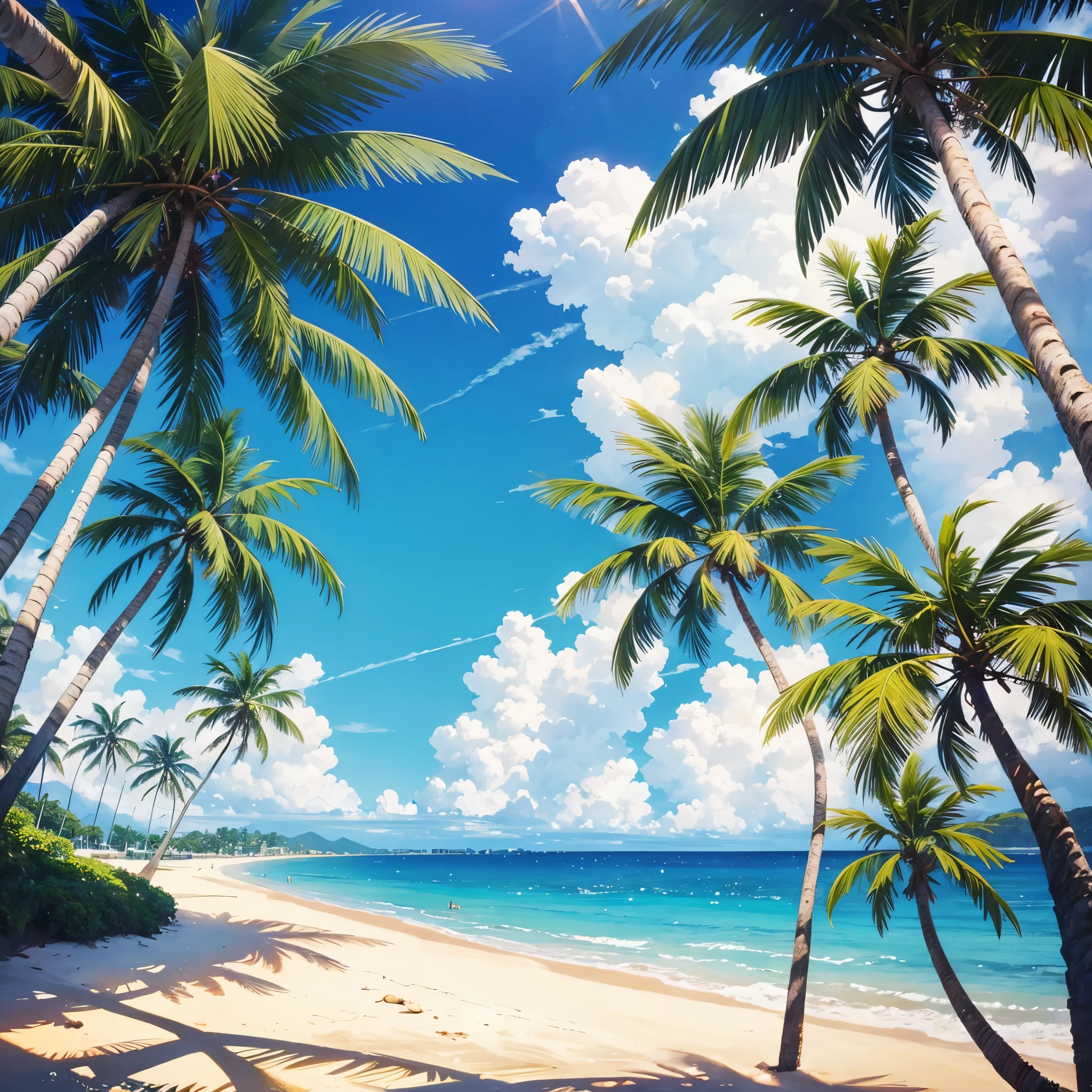 A beach, with beautiful sea, sand, coconut trees, sunlight illuminating, 70s style