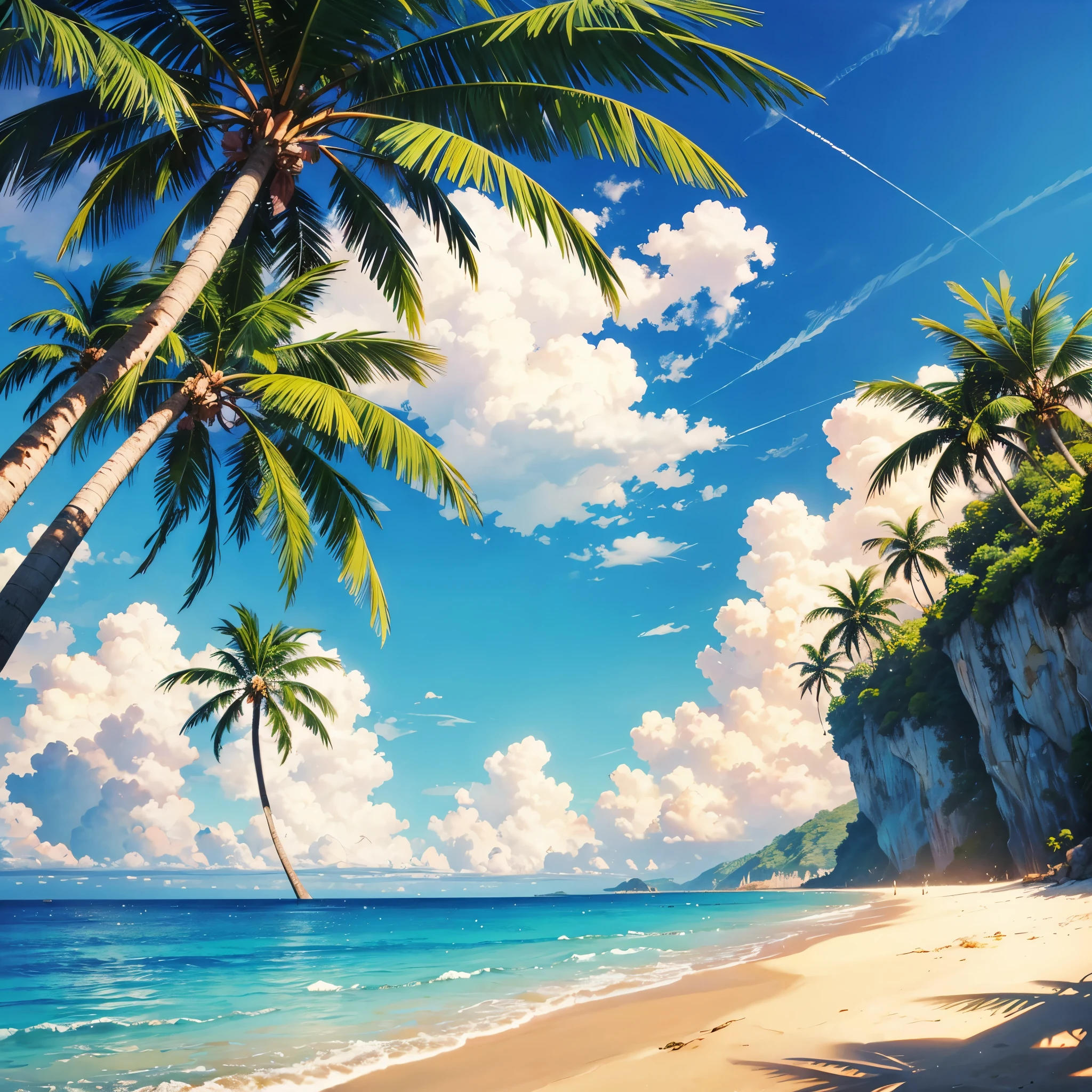A beach, with beautiful sea, sand, coconut trees, sunlight illuminating, 70s style