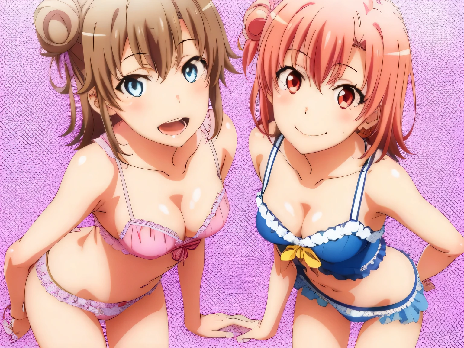 2 girls , (yuigahama yui is bust and ヒップライン are great),(Yukinoshita Yukino),In perverted underwear,they have their hands behind their backs,good,belly button,,(pale pink pink panties:1.0),(white panties:1.0),Ribbon on panties,(thighs),knees,((high angle)),(beautiful eyes),look at the camera,open your mouth,smile,Insert your head