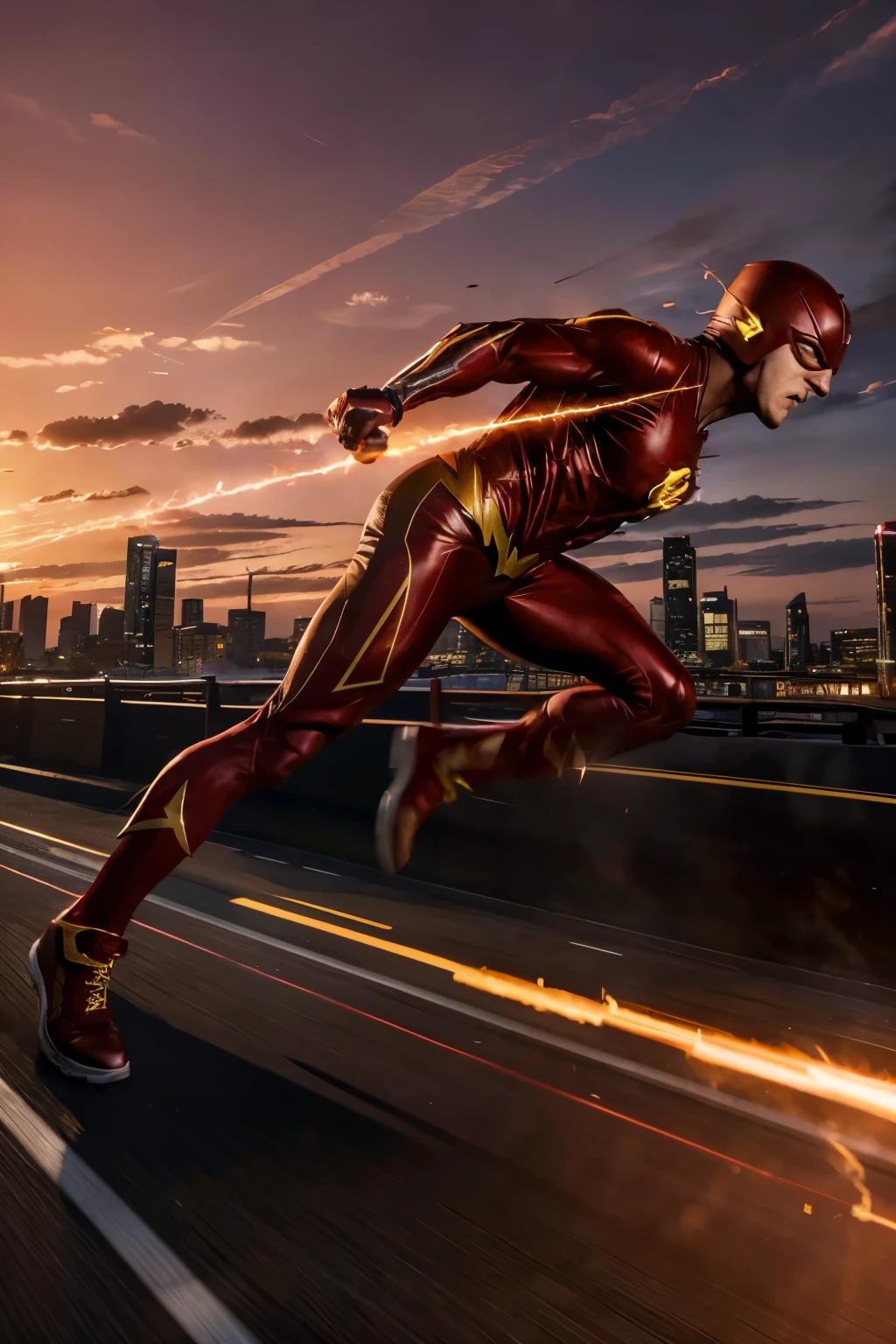 high quality, realistic, the superhero The Flash is running at super speed, angle view, hide his face, reaching the finish line, the finish line tape flying, the trail stretching behind him, against a backdrop of a vibrant red sky and towering high-rise buildings of a city