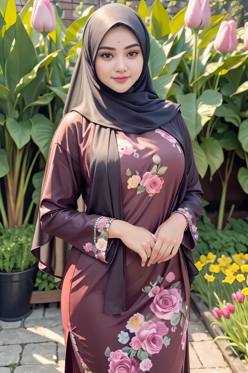 (best quality,4k,highres,masterpiece:1.2),ultra-detailed,(realistic:1.37),a beauty Indonesian woman with hijab,long luscious hair flowing beneath hijab,dark brown eyes,beautiful detailed lips,wearing a vibrant colored hijab,standing in a flower park surrounded by colorful tulips and roses,the sunlight filtering through the leaves and casting a warm glow,a gentle breeze rustling the flowers,creating a serene atmosphere,with birds chirping in the background,portraits,colorful,photo-realistic,with a warm color tone.