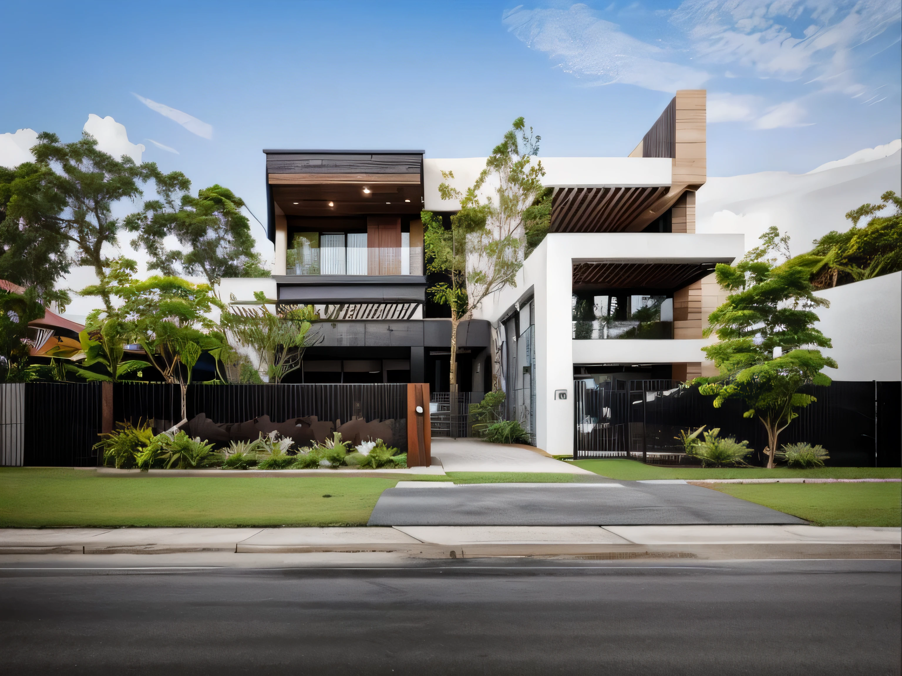 Modern house in Bangkok, front view with wooden and concrete facade, white walls, Unique, eye-catching shapes concrete, garden and tropical plants on the sides of entrance gate, minimalist architecture style with contemporary elements, natural light, clear sky, architectural photography --ar 32:19