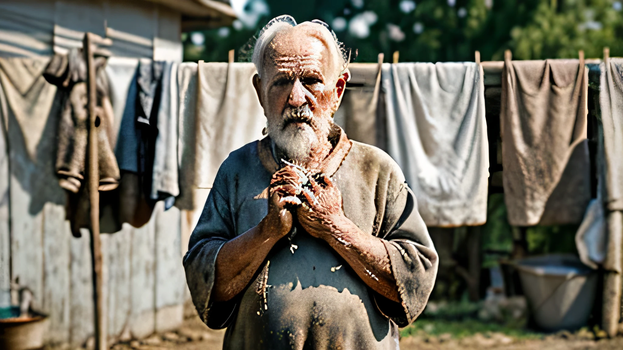 Create an image capturing the essence of simplicity and daily life in a rural setting. Visualize an old man, weathered by years of toil, standing by a makeshift outdoor washing area. He is vigorously scrubbing clothes against a washboard, his hands working with practiced efficiency despite their age.