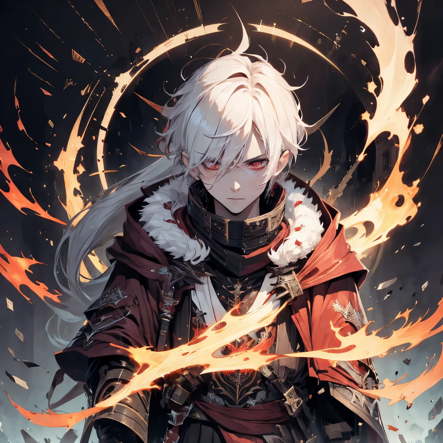 (absurdres, highres, ultra detailed), masterpiece, best quality, solo, a boy with white and red long hair holding a dual-swords, red and white robe, handsome, finely eye, detailed eye, vibrant red eyes, detailed face, black scarf, bare chest, carry two swords, dual-swords, a swords surround by flame, tattoo, from below, look down, ruined city, dark background, swirl, spark