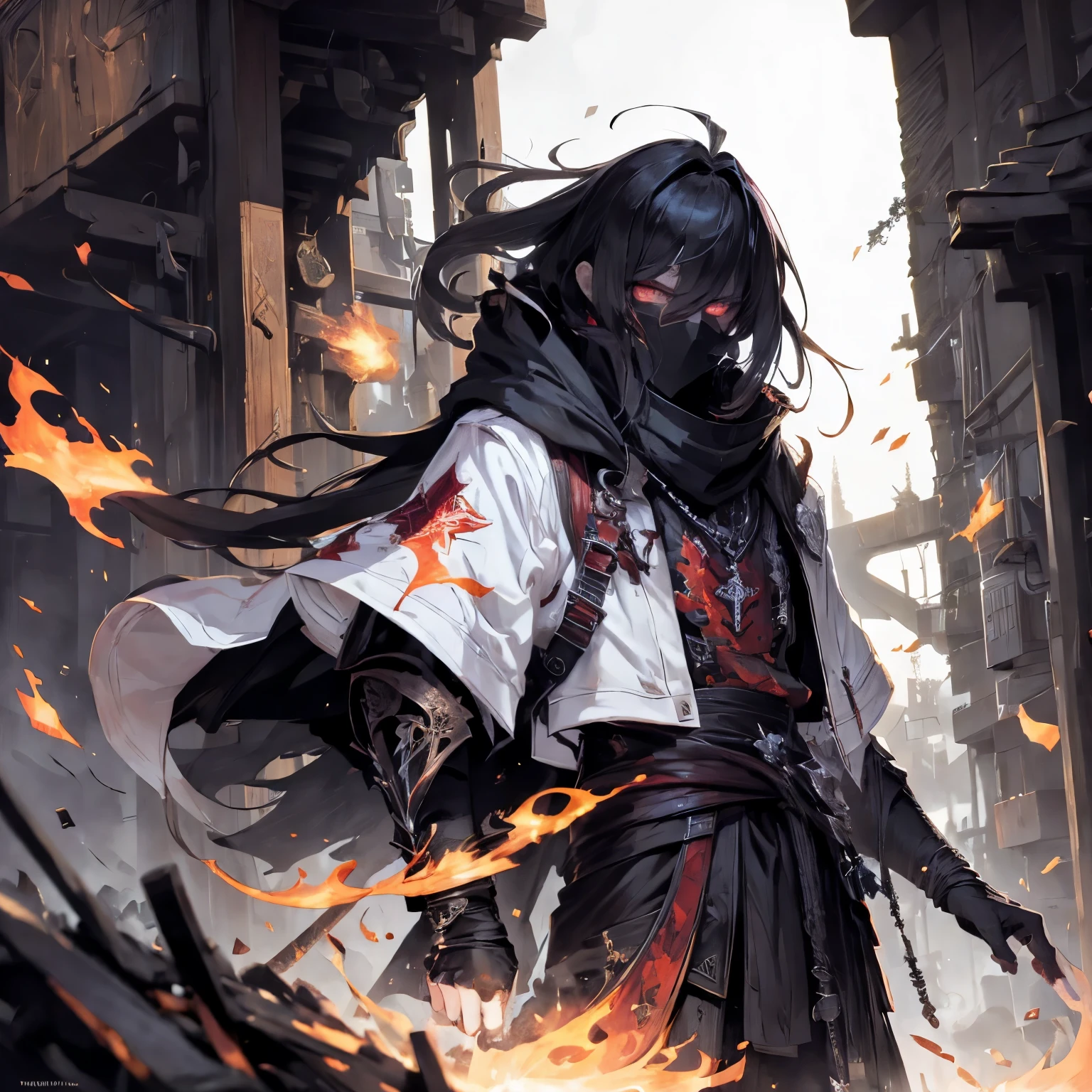 (absurdres, highres, ultra detailed), masterpiece, best quality, solo, a boy with white and red long hair holding a dual-swords, red and white robe, handsome, finely eye, detailed eye, vibrant red eyes, detailed face, black scarf, bare chest, carry two swords, dual-swords, a swords surround by flame, tattoo, from below, look down, ruined city, dark background, swirl, spark