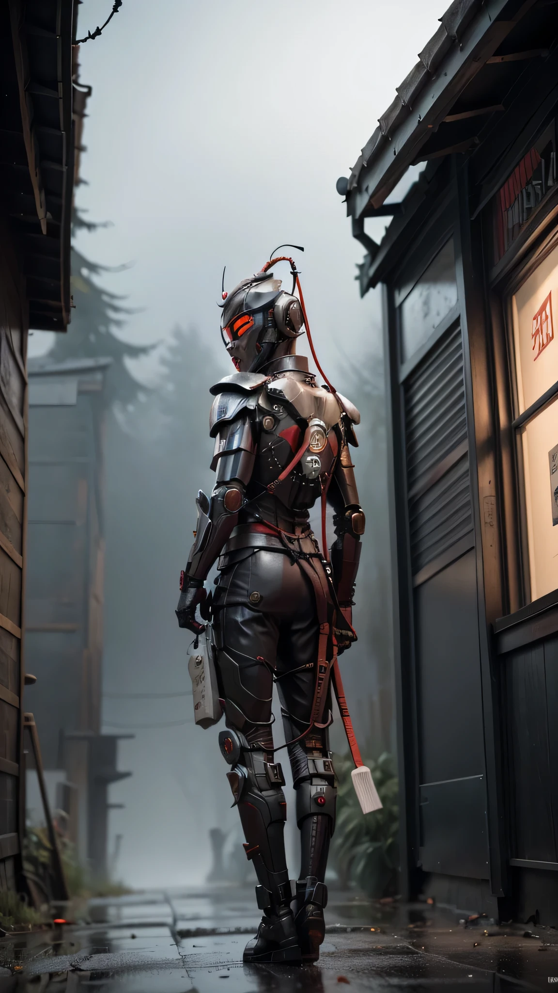 two samurai (Standing with arms crossed over chest, back against wall).white hair .lolita.fantasy.two samurai guarding in the forest at night, yasuke.fog. Ninja robot.shinobi robot. Red eyes, devil mask, rain. The dark night. Equipped with Sword at the back. Katana is in the back. Robots. Gear. screws. lamp. lamp. wire in the back. Catch the monster in the alley.UE5 CGI.Abandoned house.step forward.Bright eyes.Red suit.Robot helmet.Red leather clothes.