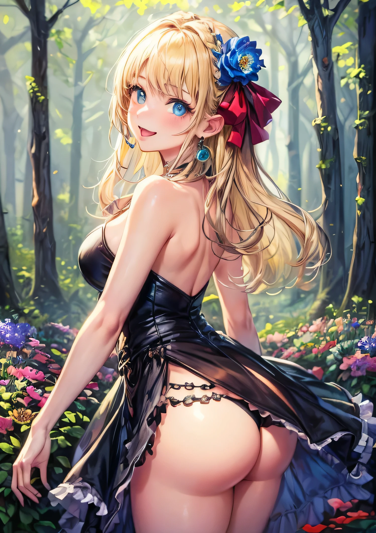 (masterpiece, 最high quality, high quality, become familiar with, ultra become familiar with, hyper become familiar with, insanely become familiar with,nffsw:1.5), view audience,2人のgirl,exquisite, , girl, Happy, Happy, smile, Front view, white skin, beautiful breasts:1.3, beautiful butt, anime, from before, sunrise, (flower garden, forest:1.3), goblin,, long hair, blonde, blue eyes, , toned body, dress, hair ribbon, earrings, necklace, cute face, , european, in the morning, fantasy, mysterious atmosphere, cowboy shot, cowboy shot,