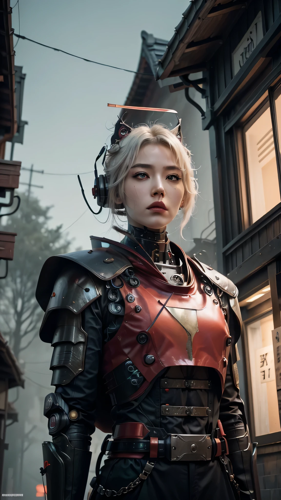 two samurai (Standing with arms crossed over chest, back against wall).white hair .lolita.fantasy.two samurai guarding in the forest at night, yasuke.fog. Ninja robot.shinobi robot. Red eyes, devil mask, rain. The dark night. Equipped with Sword at the back. Katana is in the back. Robots. Gear. screws. lamp. lamp. wire in the back. Catch the monster in the alley.UE5 CGI.Abandoned house.step forward.Bright eyes.Red suit.Robot helmet.Red leather clothes.