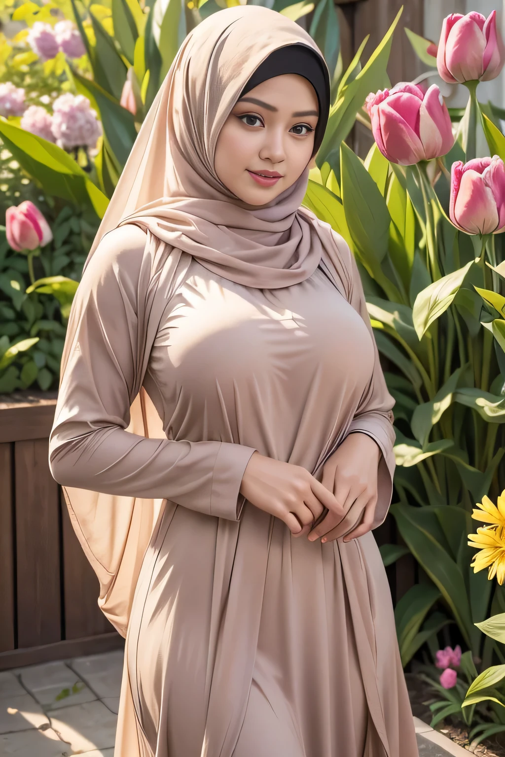 (best quality,4k,highres,masterpiece:1.2),ultra-detailed,(realistic:1.37),a hot busty Indonesian woman with hijab,long luscious hair flowing beneath hijab,dark brown eyes,beautiful detailed lips,wearing a vibrant colored hijab,standing in a flower park surrounded by colorful tulips and roses,the sunlight filtering through the leaves and casting a warm glow,a gentle breeze rustling the flowers,creating a serene atmosphere,with birds chirping in the background,portraits,colorful,photo-realistic,with a warm color tone.