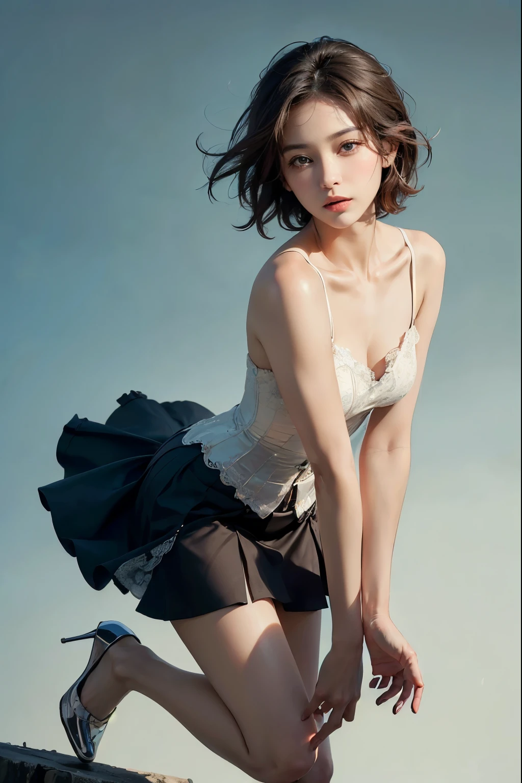 ((highest quality, 8K, masterpiece: 1.3)), 1 13 yo girl, Beauty with slender abs: 1.3, (short hair, small: 1.2), corset: 1.1, shiny,super detailed face, fine eyes, double eyelid,short pleated skirt, red high heels, realistic face,realistic skin,cute face、White lace panties,firm chest,Angle from below,best photography technique,The photographer is Norinobu Shinoyama,gaze looking at the camera,beautiful photo,最高masterpiece,Work with confidence