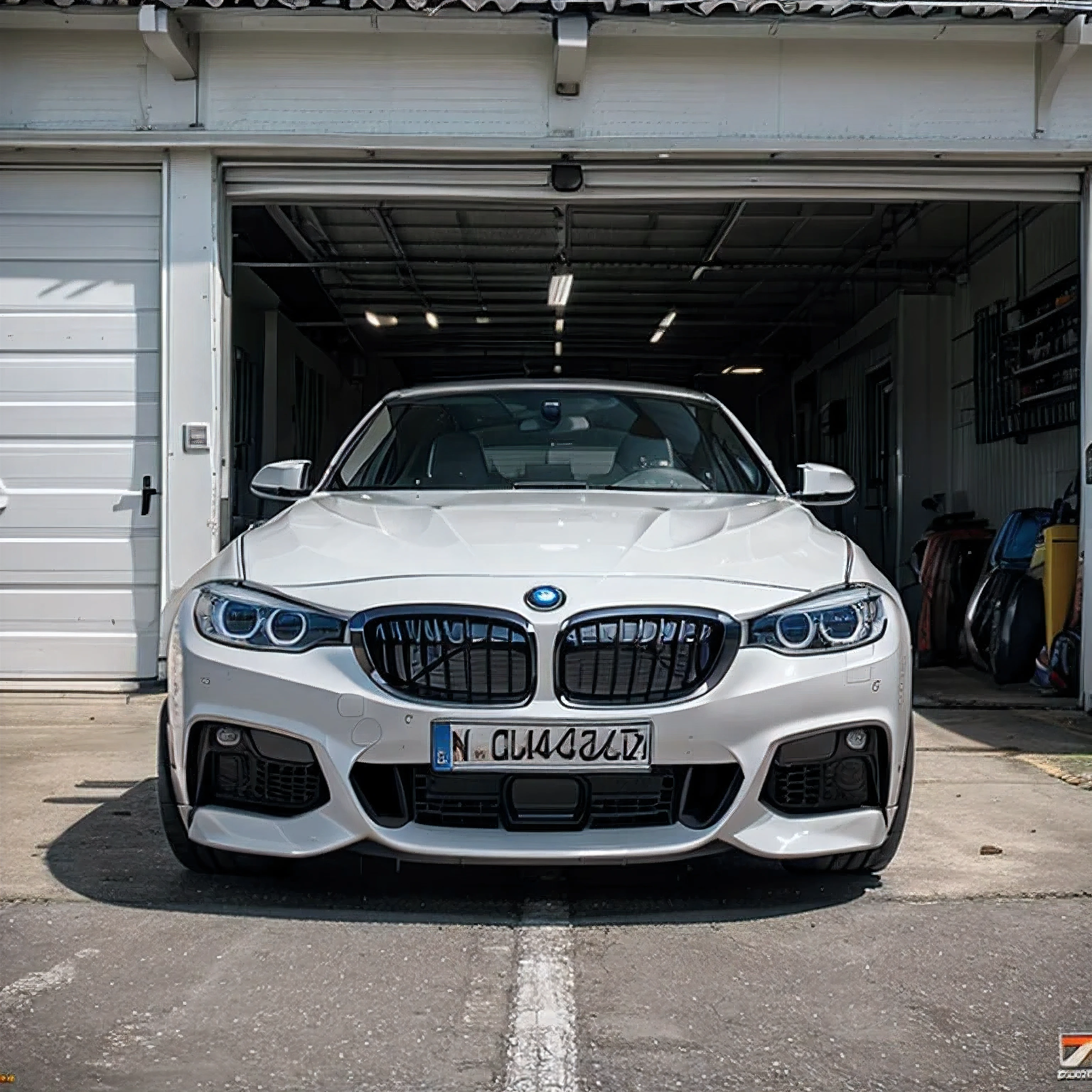 Ultra photo realistic bmw car white colour in a garage