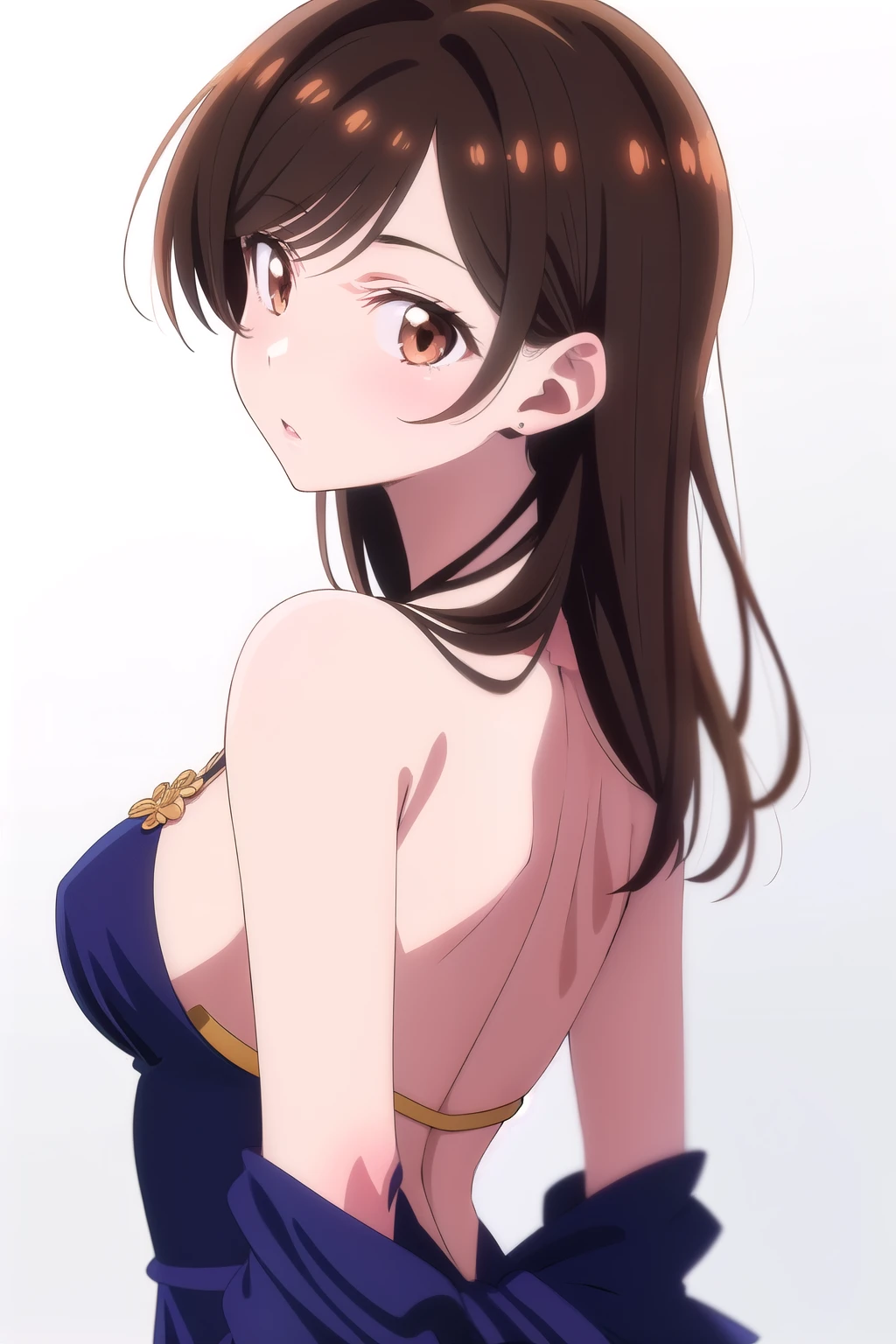 (1 girl), (detailed brown eyes), (Intricate iris detailing), (back), (girl with dress), (Lower your eyes), (Chizuru Mizuhara), (White background)