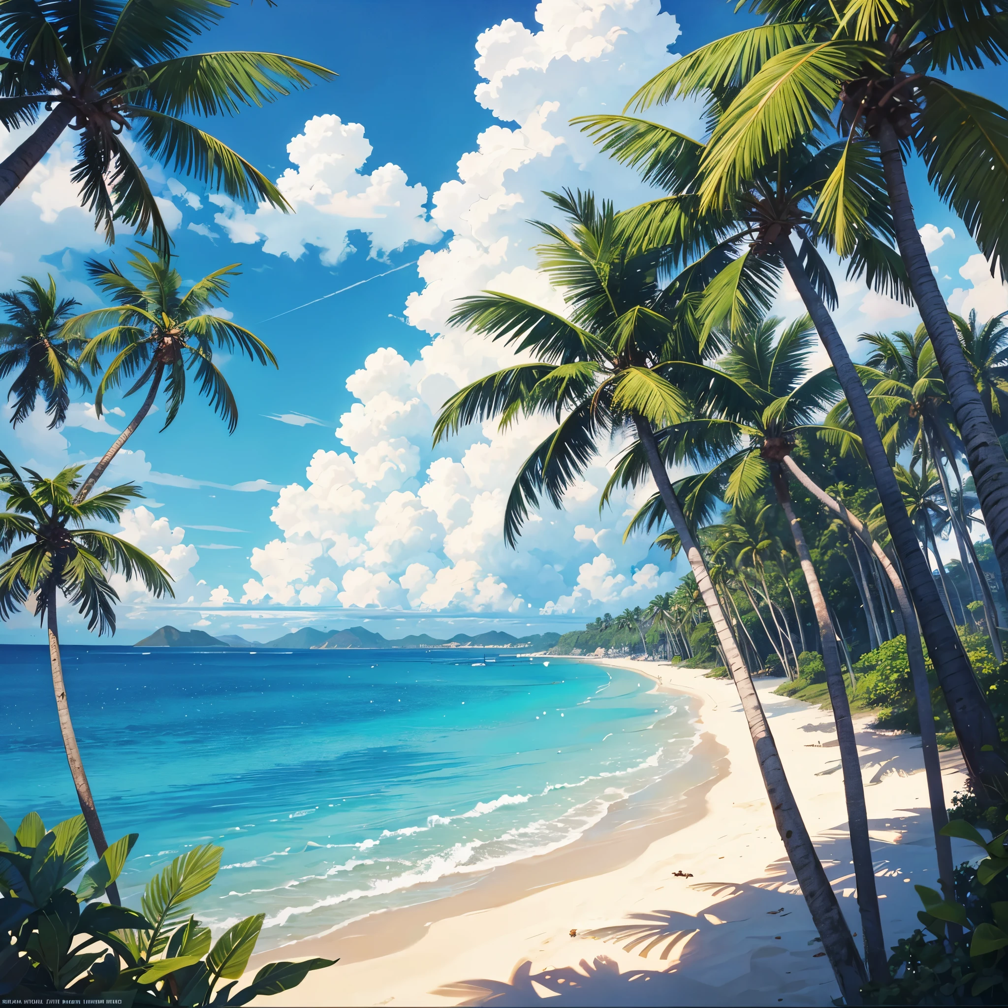 A beach, with beautiful sea, sand, coconut trees, sunlight illuminating, 70s style