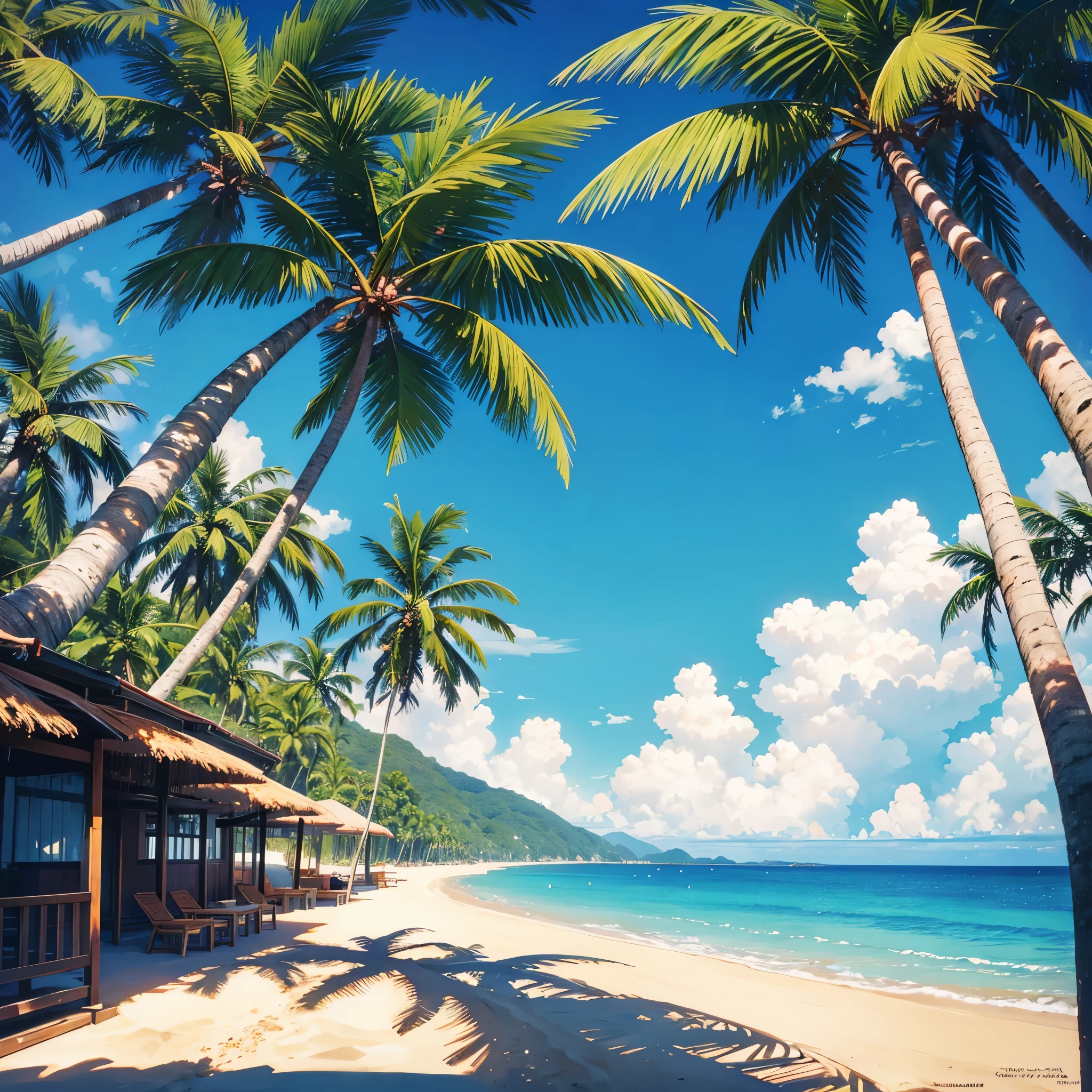 A beach, with beautiful sea, sand, coconut trees, sunlight illuminating, 70s style
