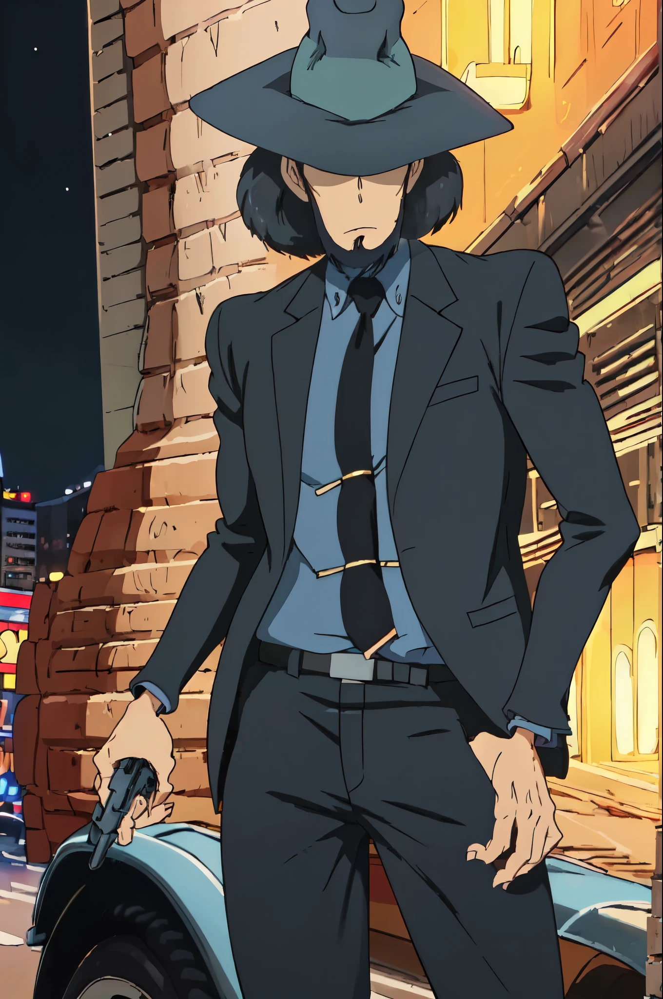 jigen ,  (best quality, masterpiece, RAW photo,ultra-detailed:1.2), 1BOY,solo,looking at viewer, black hair, 
hat, formal, hide eyes,  city, night, handgun, holding pistol,