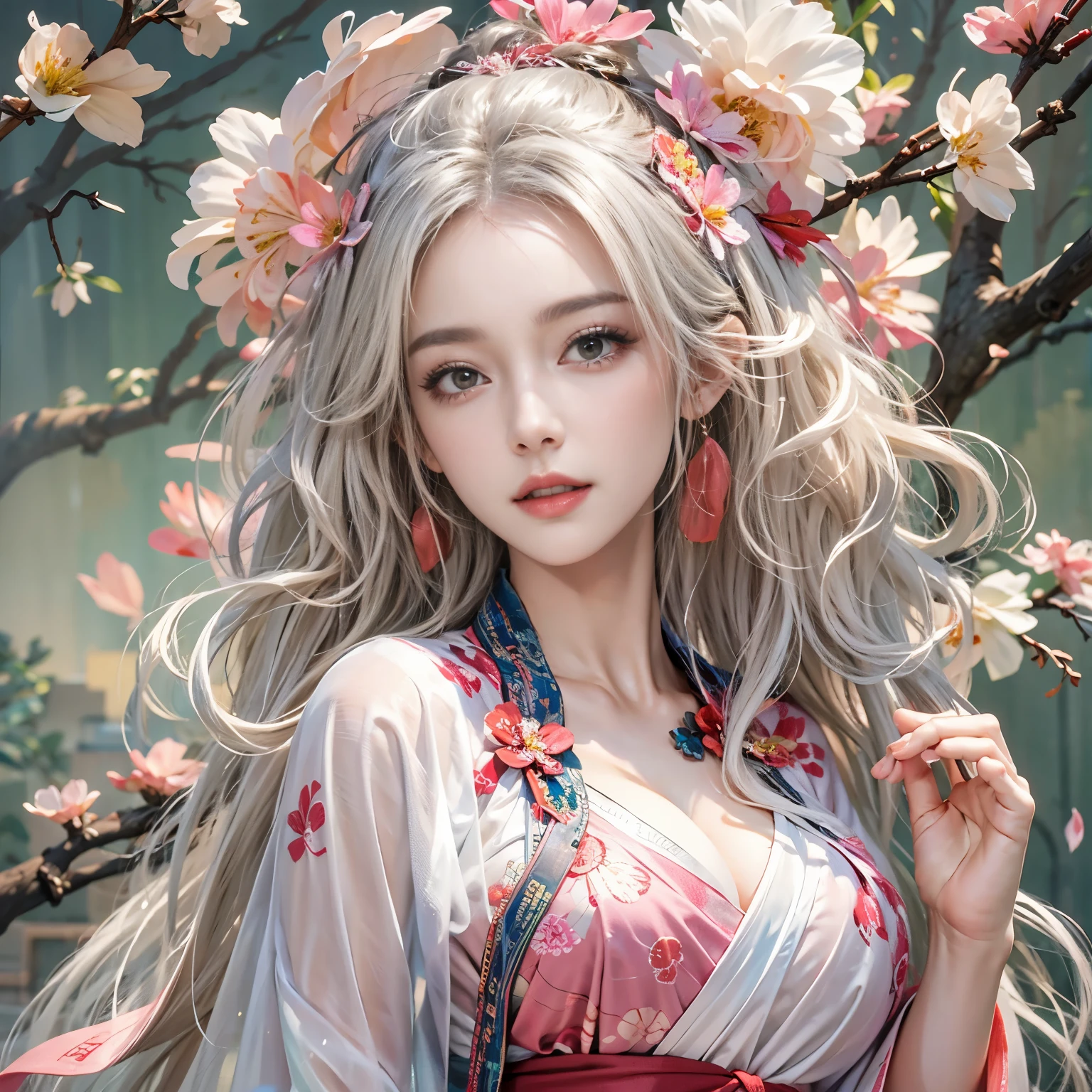 lifelike, High resolution, soft light,1 female, alone, Hips raised, shiny skin, (Detailed face),tattoo, jewelry, hanfu, Cloak, peach blossom, white curly hair, beautiful soldier, catch the audience's eyes, Lover's perspective, invitation expression, sexy smile, perfect style, perfect balance, Delicate skin, naughty look, huge breasts,bigger breasts,Bare a long leg,Tall,full-body shot