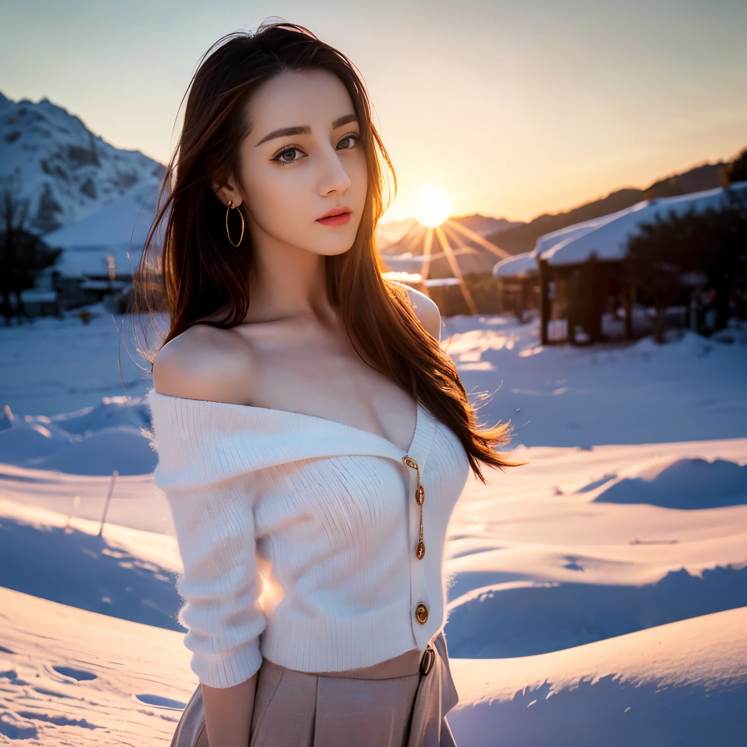 ((top quality、8k、Masterpiece:1.3))、Extremely delicate and beautiful girl,full-body shot,huge breasts,bigger breasts,amazing breast size,G cup。Wear big earrings,Very white skin,moist red lips,Waist is very thin,Thighs are very thin,big butt,fair and smooth skin,Smooth and fair skin,flawless skin,Fair and shiny skin,cold white skin,The camera focuses on the chest,Bright light,white sweater,Lower body exposed,bare shoulders,light pink hair,The hair is light pink,heavy snow,snow mountain,sunset,lake