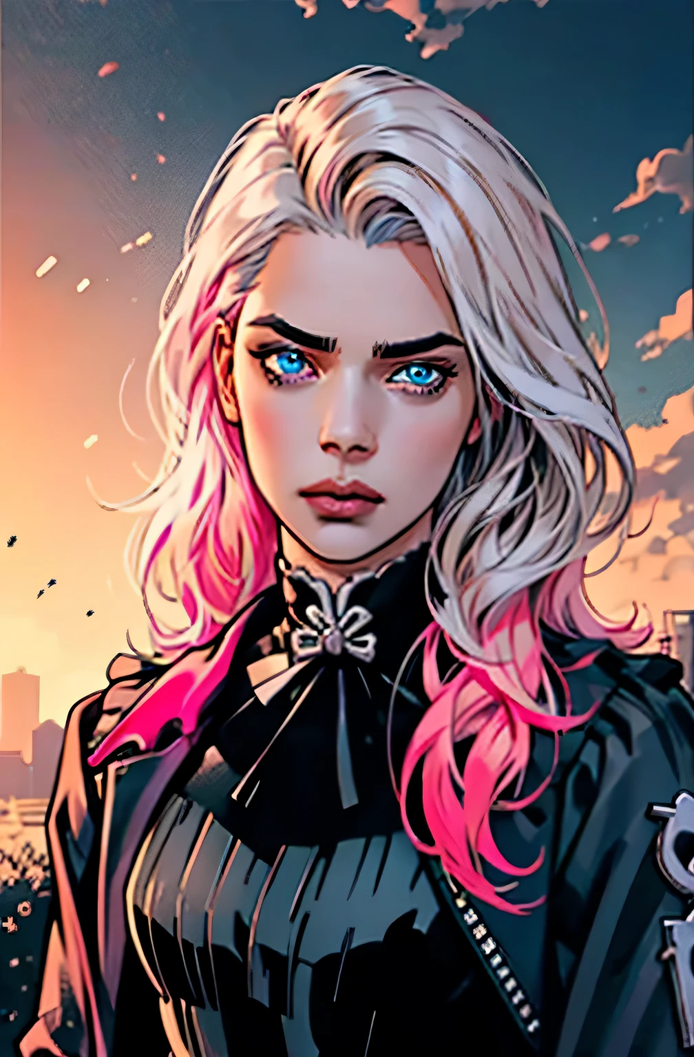 Hyperrealistic Kendall Jenner, blue eyes, solo, long hair, jacket,outdoors, dark theme, black parade, pink dress, specular highlights, side lighting, detailed face, detailed eyes,