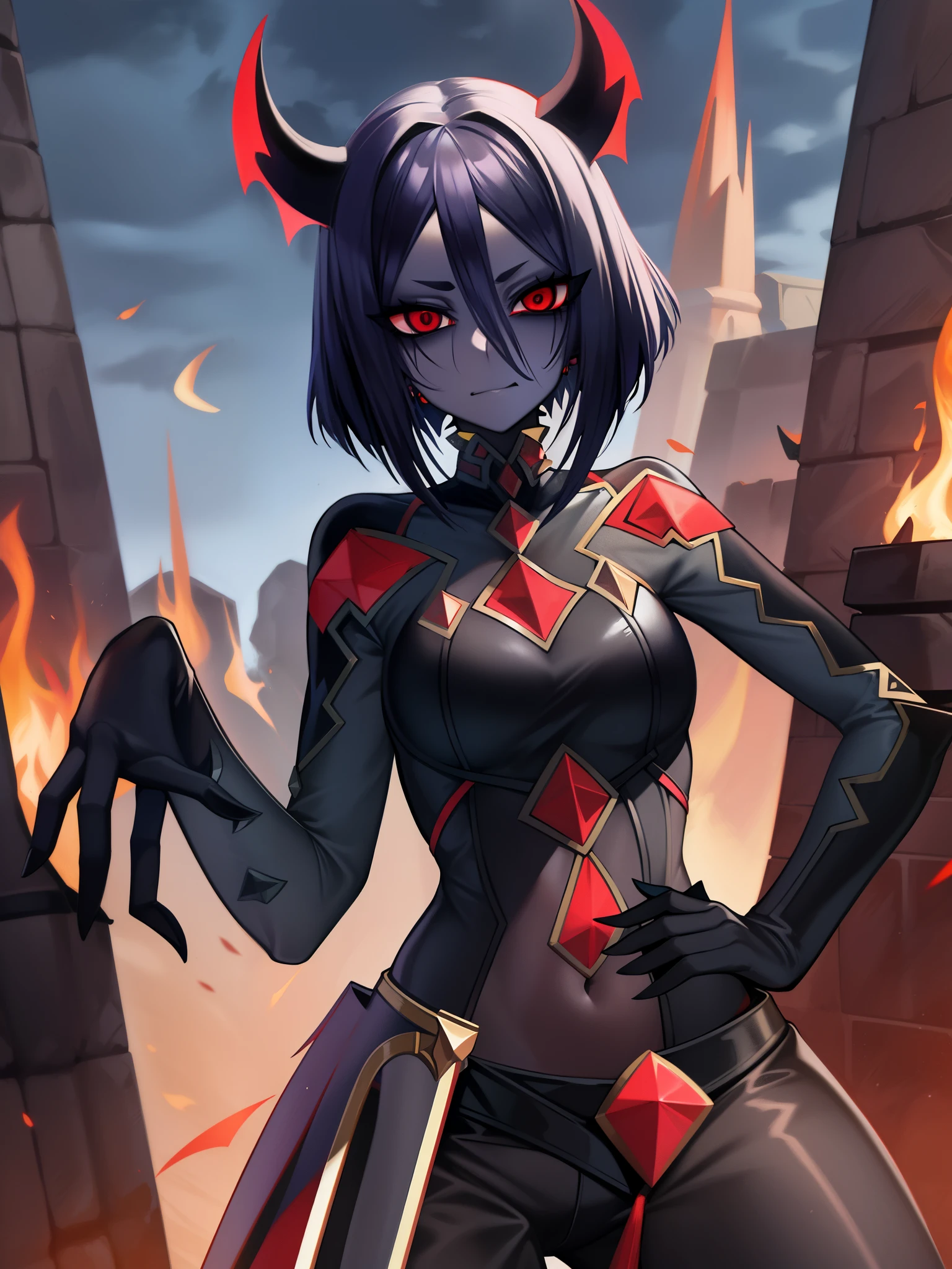 Hellhound, monster girl encyclopedia, black skin, black sclera, red eyes