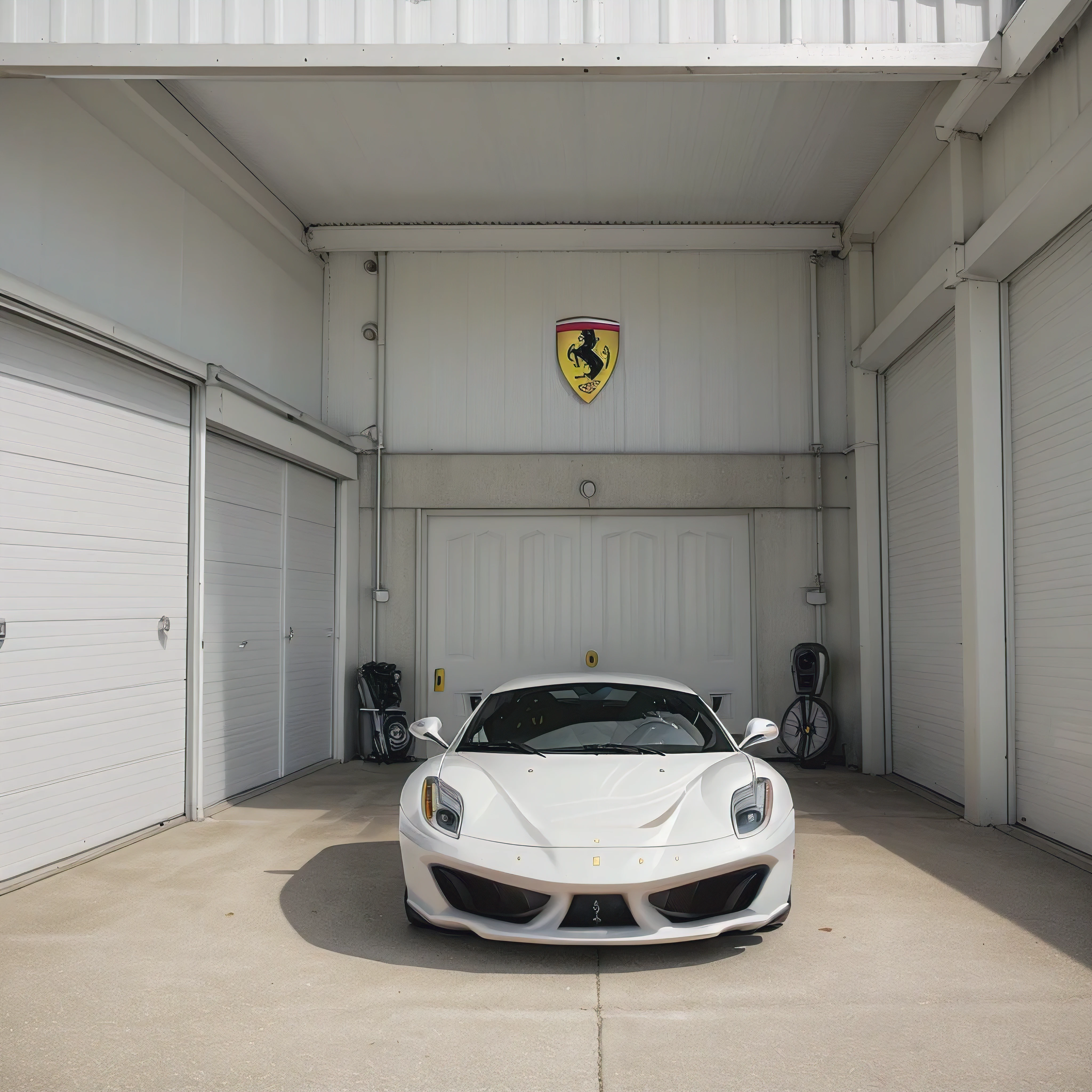 Ultra photo realistic Ferrari white colour in a garage stylish