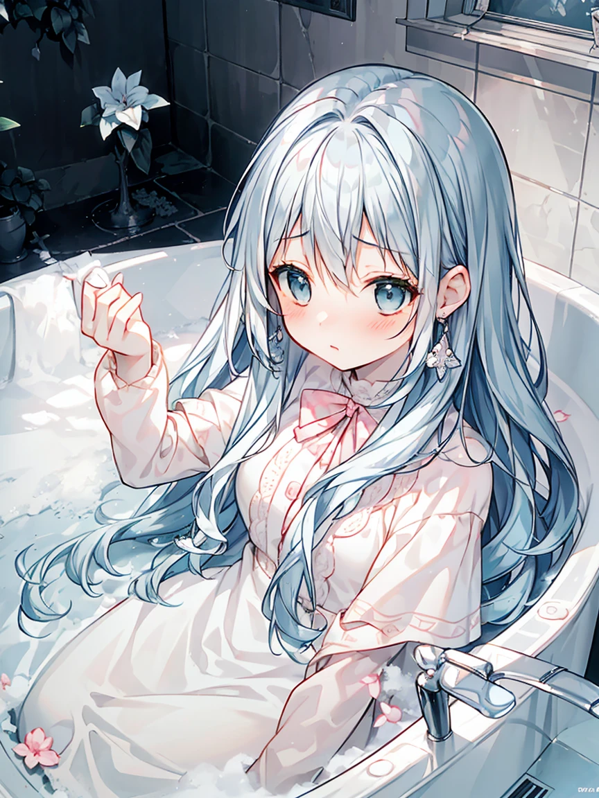 masterpiece, best quality, extremely detailed, (illustration, official art:1.1), 1 girl ,(((( light blue long hair)))), light blue hair, ,10 years old,, long hair ((blush)) , cute face, big eyes, masterpiece, best quality,(((((a very delicate and beautiful girl))))),Amazing,beautiful detailed eyes,blunt bangs((((little delicate girl)))),tareme(true beautiful:1.2), 
masterpiece, best quality, extremely detailed, anime,  solo, detailed face, from front, looking down, blush, shy,(pink steam), 
Furry White sweater、terrified face、inside in room，Soft light，Slipped bath towel，White skin of the，
Bathroom、
 She has very long wavy Light blue hair. Light blue eyes. She has earrings, long eyelashes. She has full lips,  slim waist,  breast view