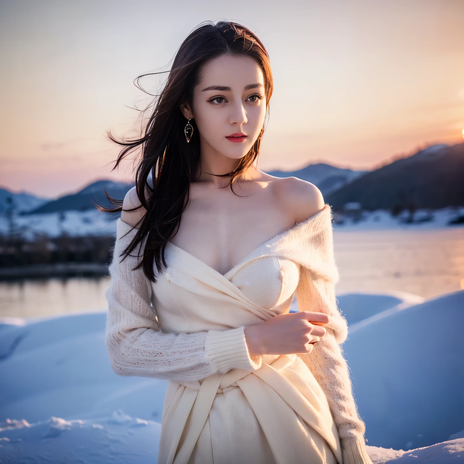 ((top quality、8k、​Masterpiece:1.3))、Extremely delicate and beautiful girl，full-body shot，huge breasts，bigger breasts，amazing breast size，G cup。Wear big earrings，Very white skin，moist red lips，Waist is very thin，Thighs are very thin，big butt，fair and smooth skin，Smooth and fair skin，flawless skin，Fair and shiny skin，cold white skin，The camera focuses on the chest，Bright light，white sweater，Lower body exposed，bare shoulders，light pink hair，The hair is light pink，heavy snow，snow mountain，sunset，lake