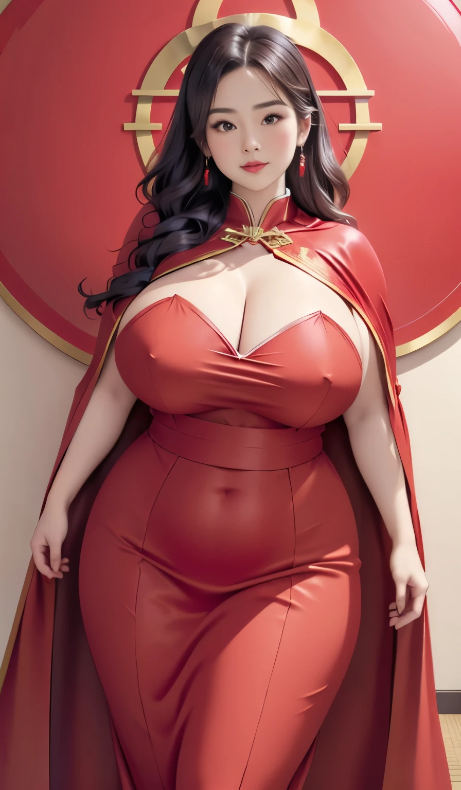 araffe dressed in a red dress , , thicc, bbwchan, mighty plump female sorceress, fully clothed in red , giant stunning goddess shot, japanese goddess, bright red cape on her back, oppai, with cape, wearing a red cape, red cape, red cloak, bbwchan. Thigt clothes,