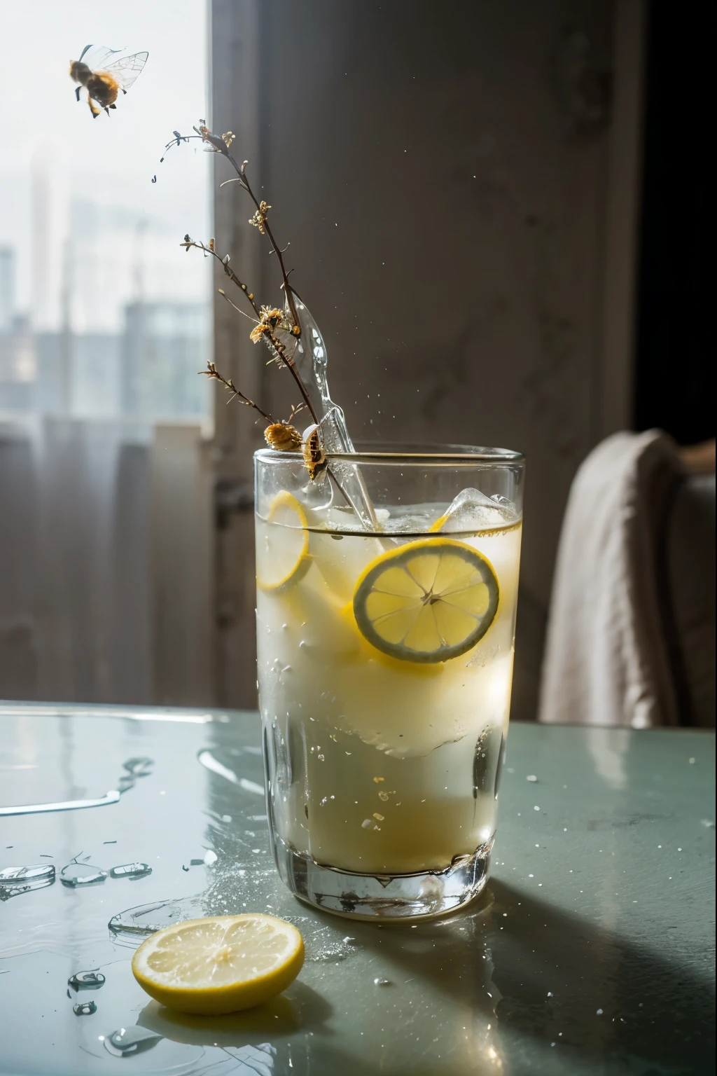 Glass of water on a chair, empty ice, lemon slices, flying bees, flowers, photo shoot backdrop, yellow, water spray
