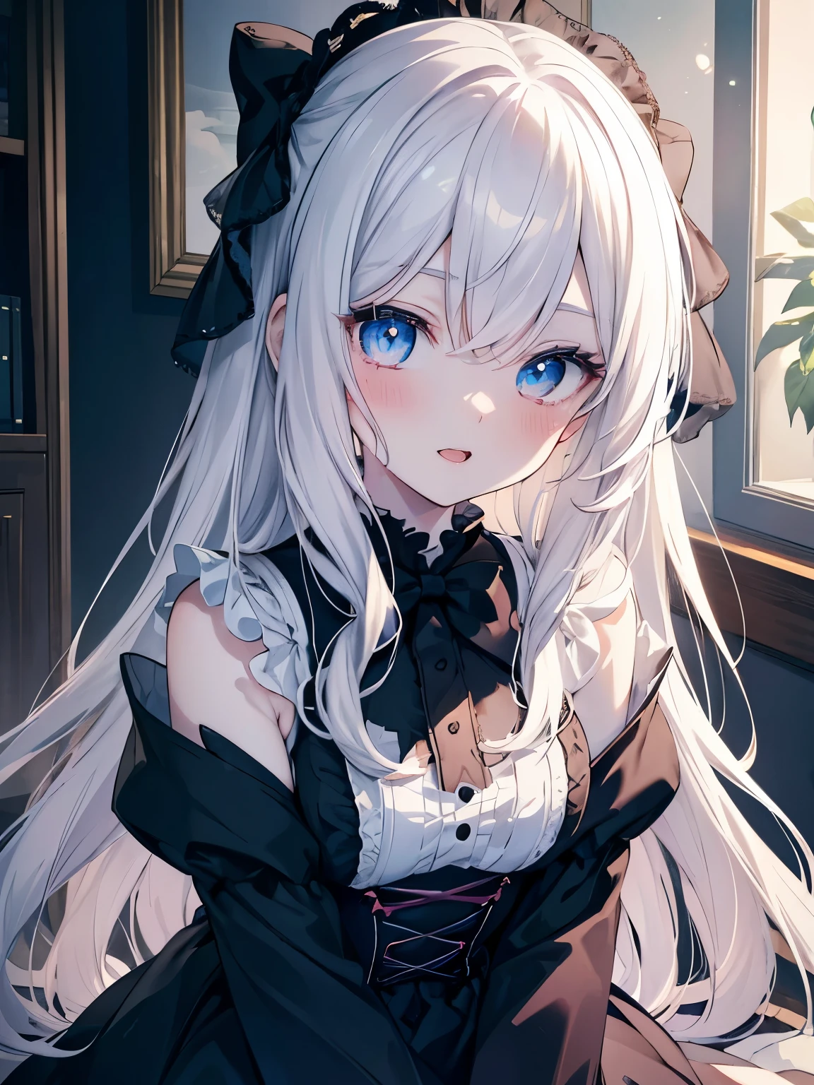 Masutepiece, Highest Quality, (Perfect face:1.1), (high detailing:1.1), (ultradetailed eyes),Dramatic,superfine illustration,Extremely detailed,1girl in,ager,(pale skin),long white hair,Ethereal eyes,Simple eyes,Blue eyes,blush,Solo,Smile,Happy,Laugh,Enjoy, Open mouth,Pouty lips,Cinematic lighting,upper body,looking up,leaning forward,Long sleeve,Gothic lolifrilld,bow ribbon,knee high socks,indoor,night
