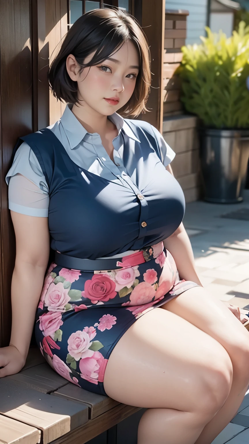 ((中景 the scene is，A full body))1 girl, Obese body, generous dimensions, face round, double chin, Overweight,Short hair tied up ,Sleeveless blue and red floral shirt，Highlight the breasts，Put her weight on her stomach，looks into camera，Country garden background，ssmile，