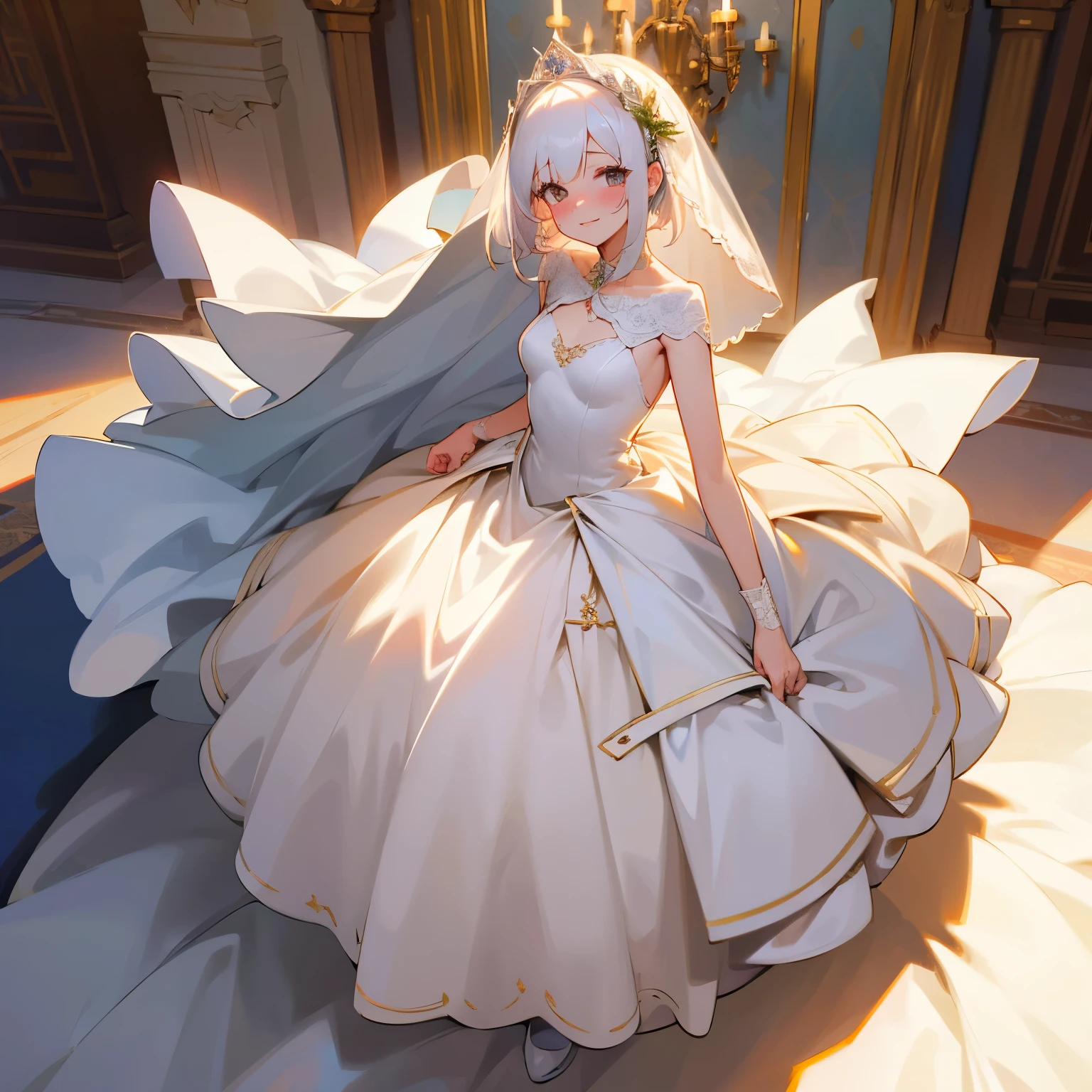 (best quality, high definition, masterpiece:1.2,), Illustration, daytime, 1girl, white hair full body, (wedding dress), arm behind back, waiting for kiss, looking at viewer, happy, blush, castle, plants