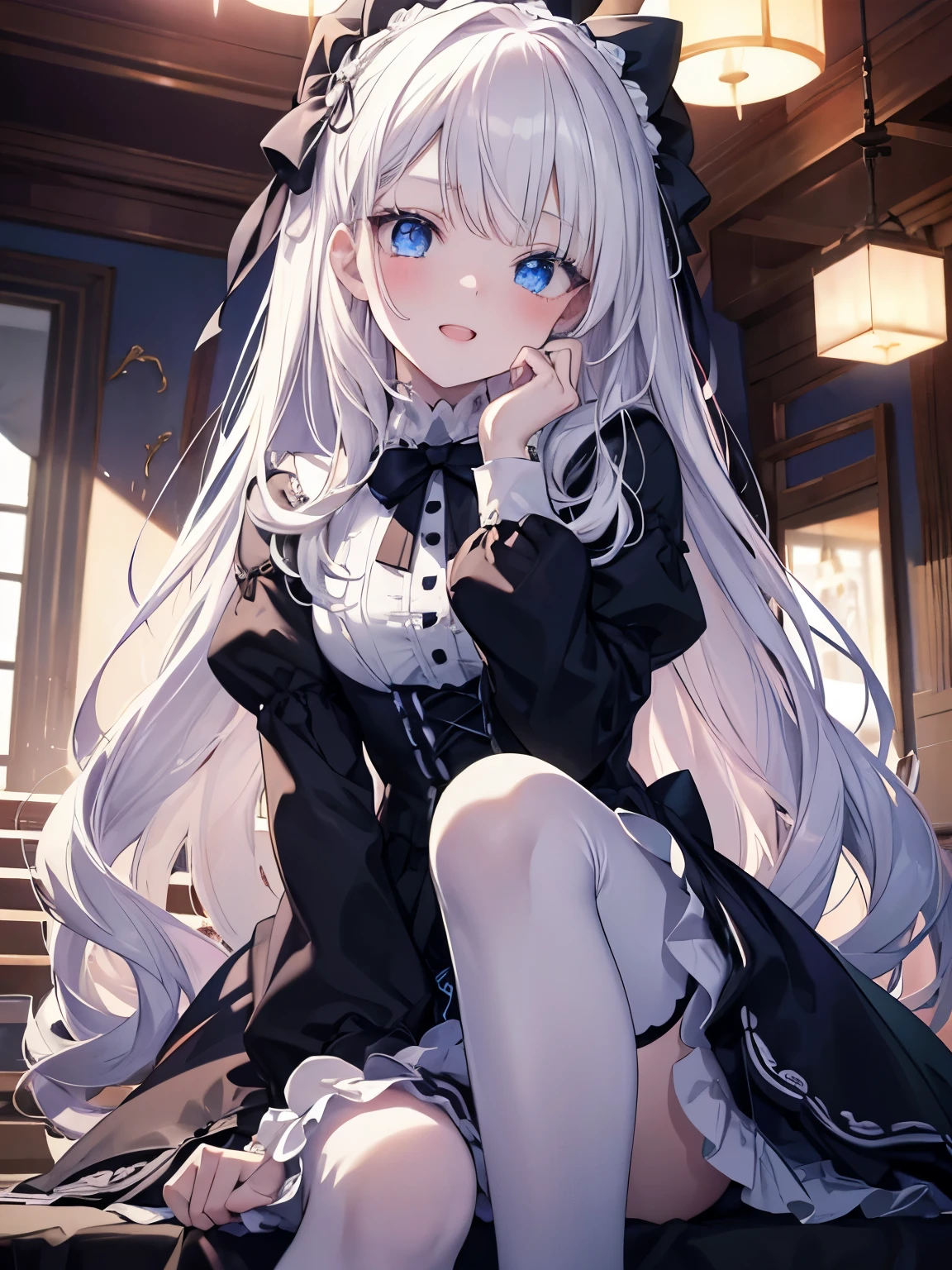Masutepiece, Highest Quality, (Perfect face:1.1), (high detailing:1.1), (ultradetailed eyes),Dramatic,superfine illustration,Extremely detailed,1girl in,teenager,(pale skin),long white hair,Ethereal eyes,Simple eyes,Blue eyes,blush,Solo,Smile,Happy,Laugh,Enjoy, Open mouth,Pouty lips,Cinematic lighting,upper body,looking up,leaning forward,Long sleeve,Gothic lolita, frilld,bow ribbon,knee high socks,indoor,night